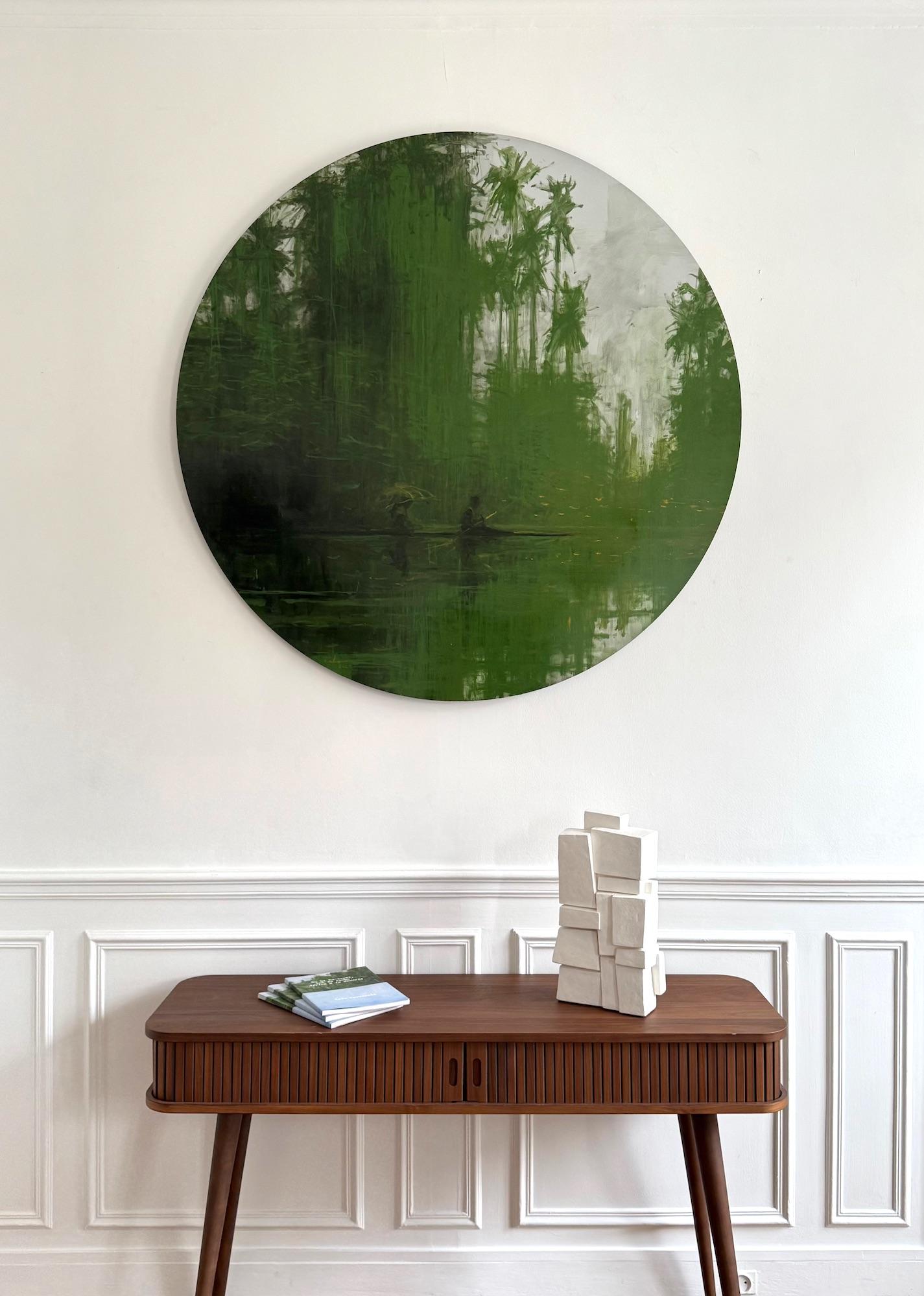Greene & Greene Jungling N7 di Calo Carratalá - Tondo pittura, paesaggio, verde, albero in vendita 1