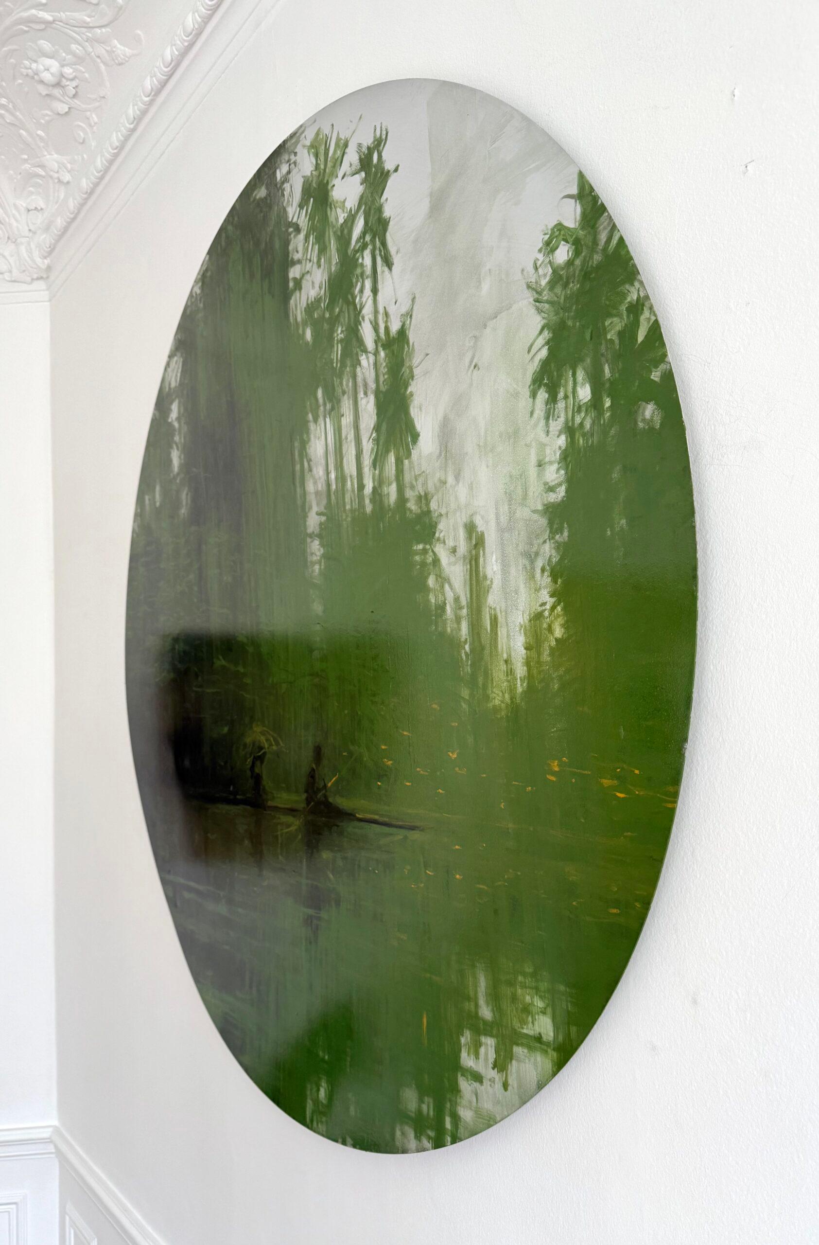 Green Iron Jungles N7 by Calo Carratalá - Tondo painting, landscape, green, tree im Angebot 3