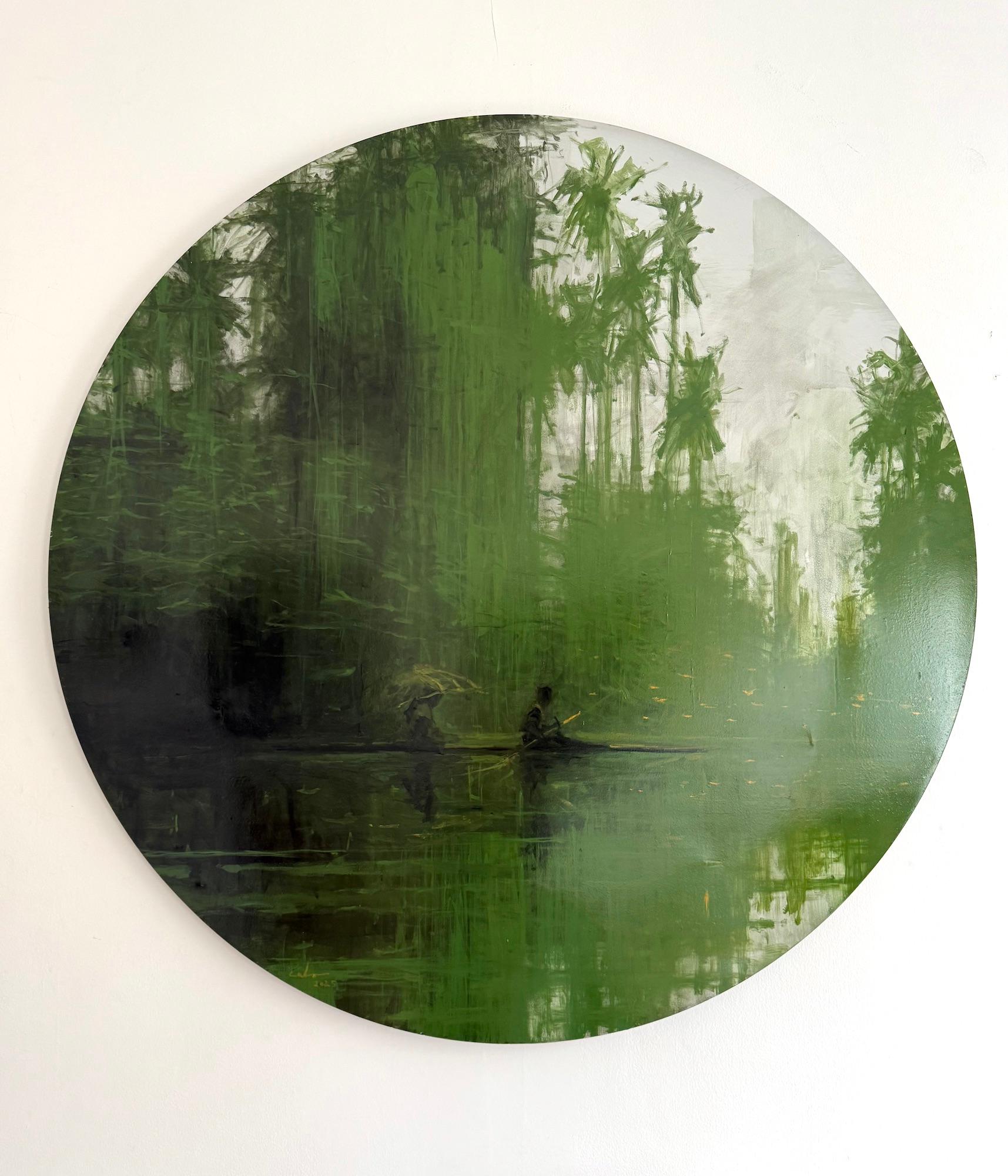 Green Iron Jungles N7 by Calo Carratalá - Tondo painting, landscape, green, tree