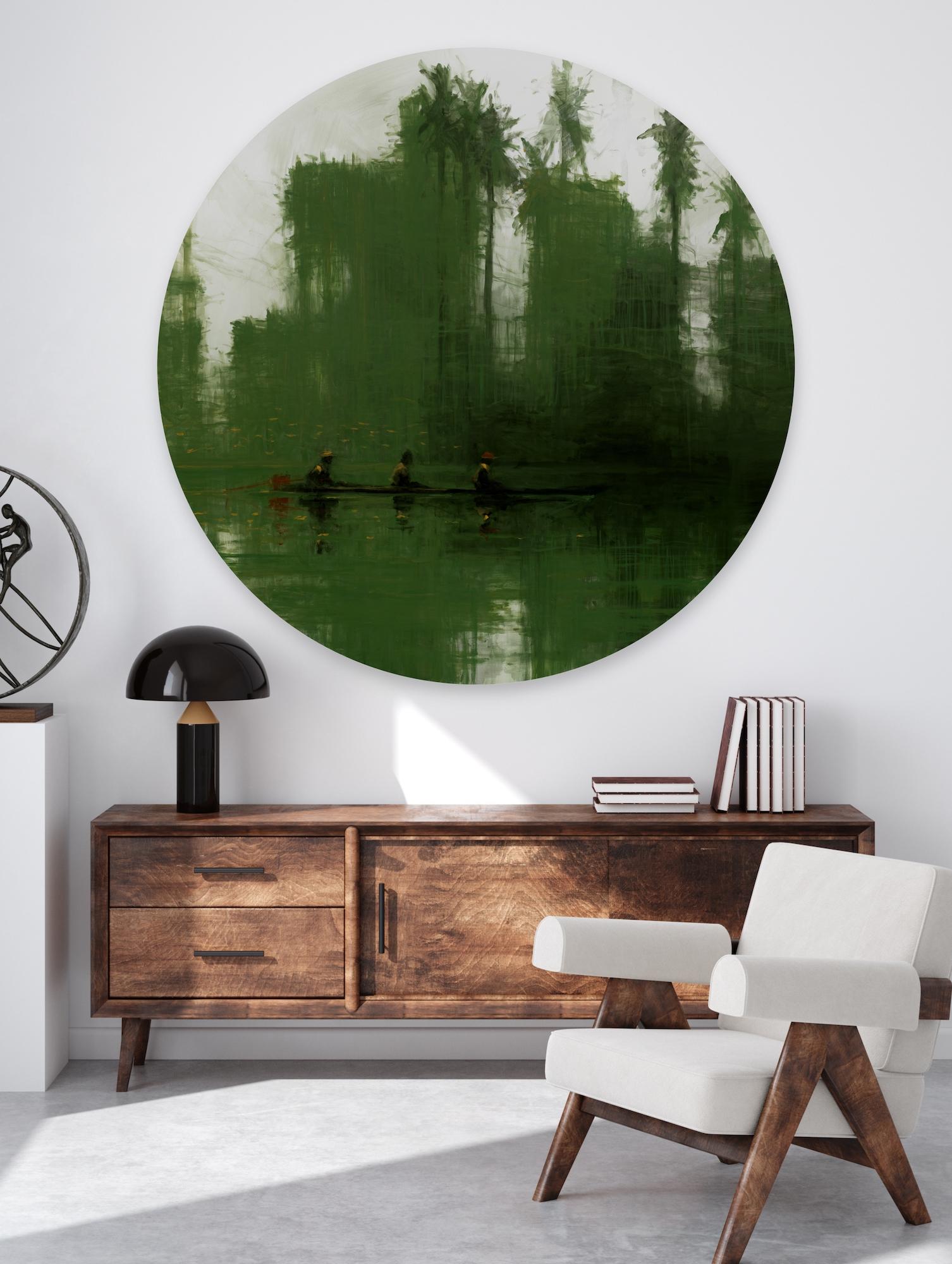 Green Iron Jungles N8 von Calo Carratalá - Tondo Gemälde, Landschaft, Boot, Baum im Angebot 1