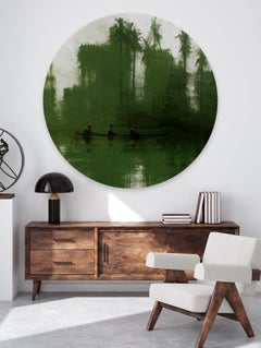 Green Iron Jungles N8 by Calo Carratalá - Tondo painting, landscape, boat, tree