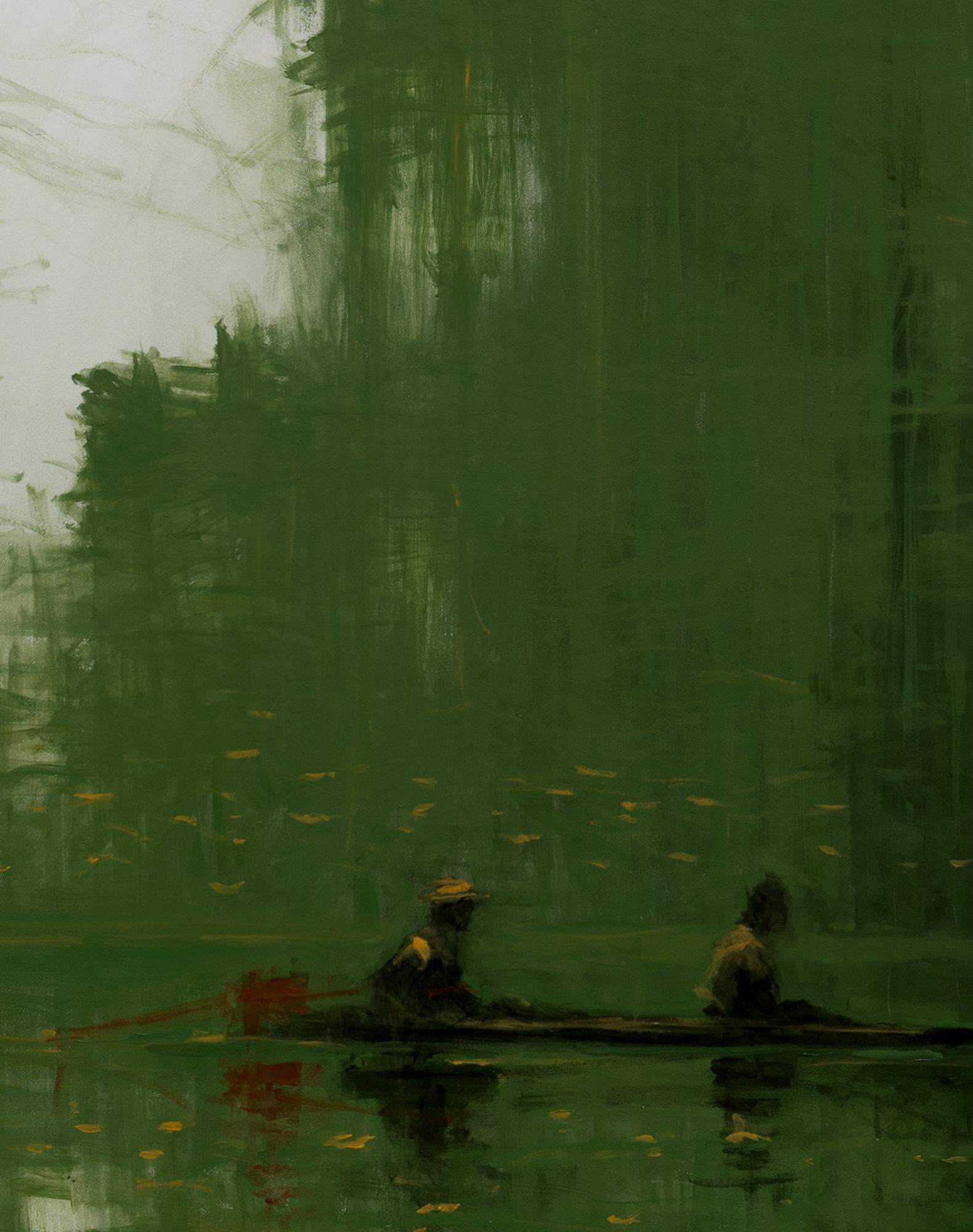 Green Iron Jungles N8 von Calo Carratalá - Tondo Gemälde, Landschaft, Boot, Baum im Angebot 3