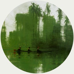 Green Iron Jungles N8 by Calo Carratalá - Tondo painting, landscape, boat, tree