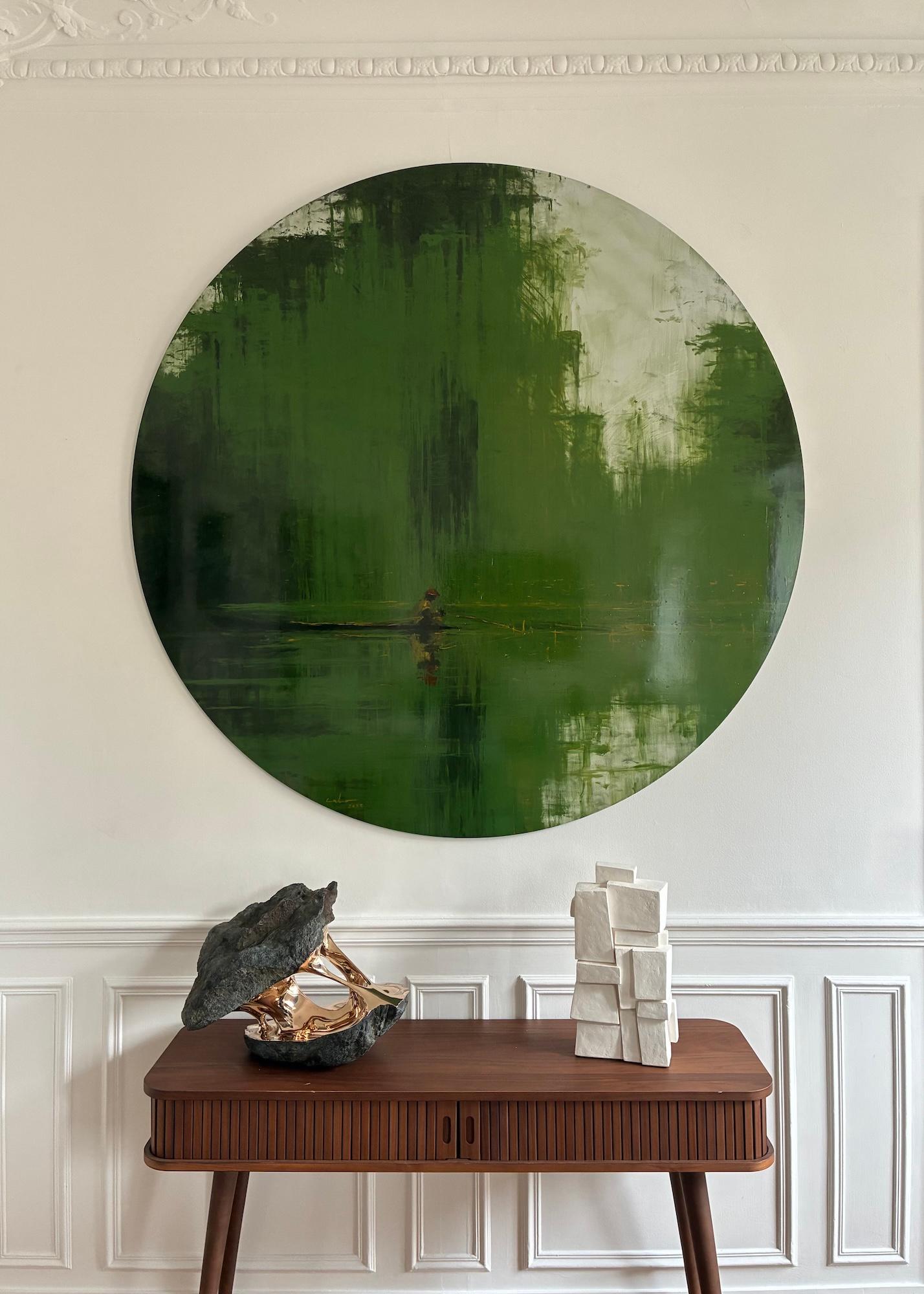 Grüner eiserner Dschungel N9 von Calo Carratalá - Tondo Gemälde, Landschaft, grün, Baum im Angebot 1