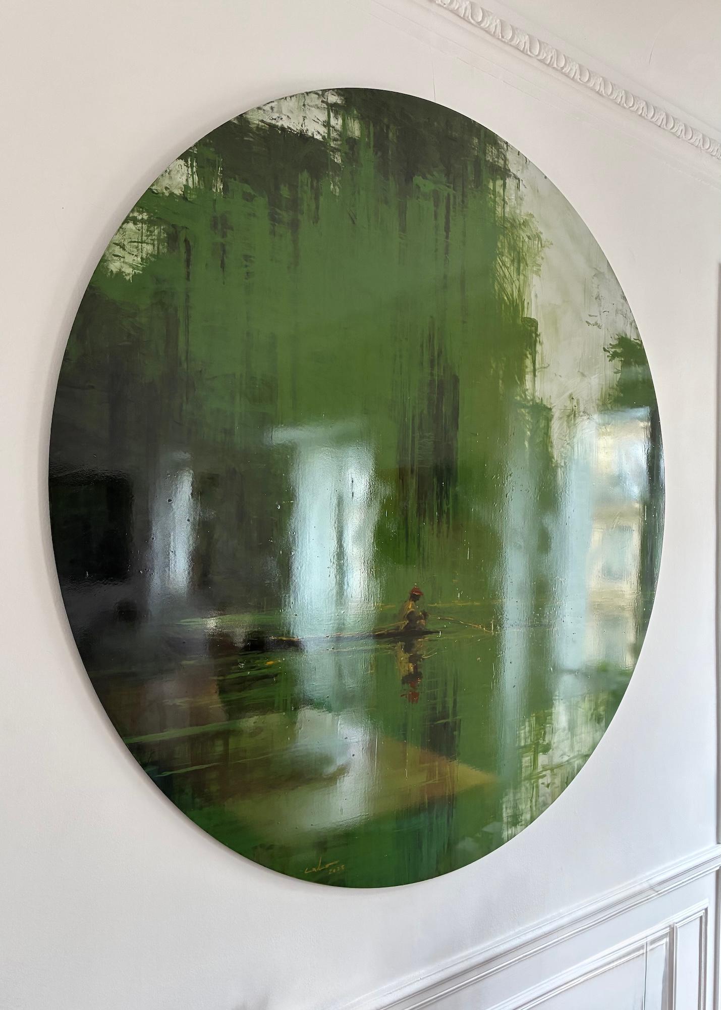 Grüner eiserner Dschungel N9 von Calo Carratalá - Tondo Gemälde, Landschaft, grün, Baum im Angebot 3