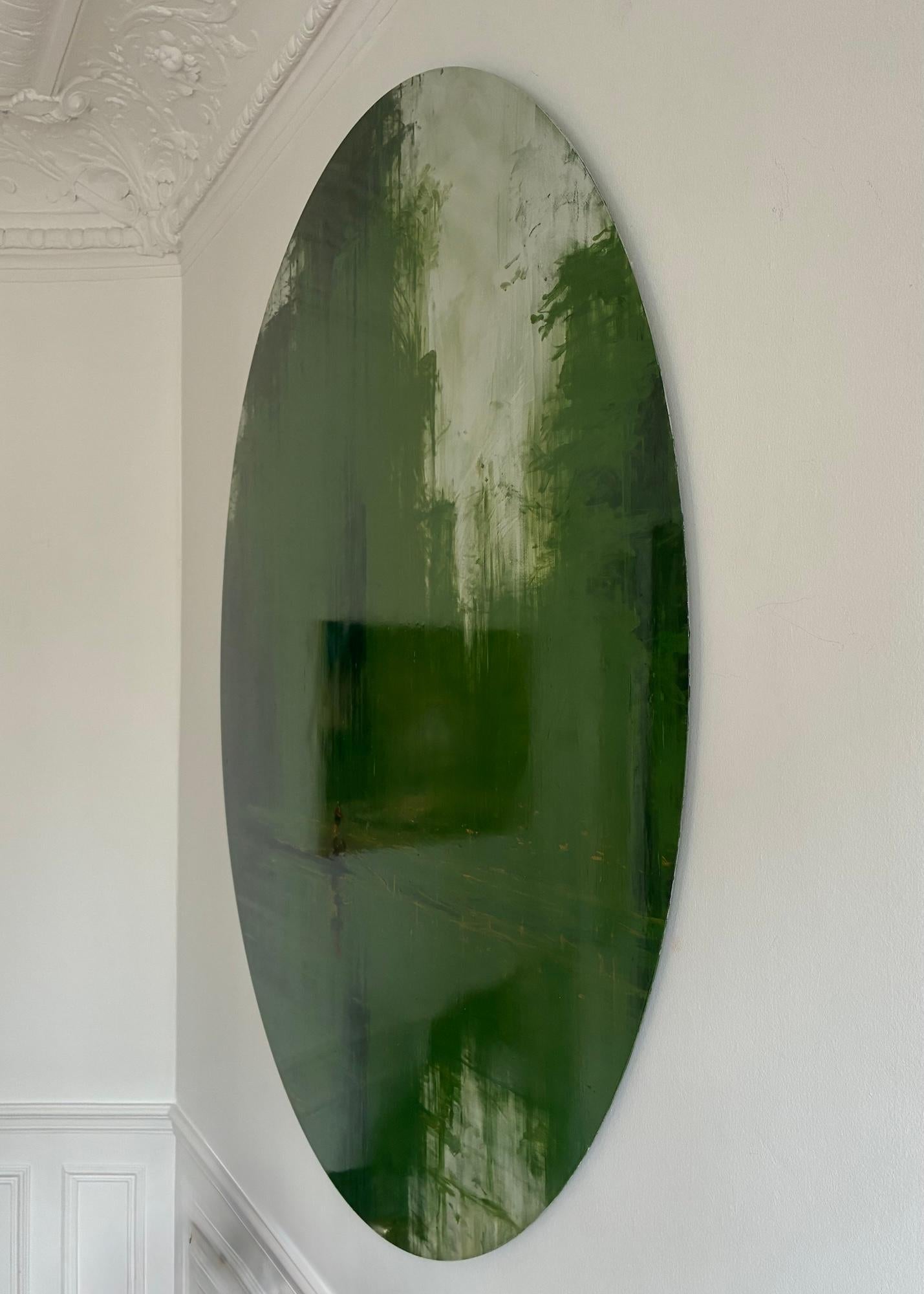 Grüner eiserner Dschungel N9 von Calo Carratalá - Tondo Gemälde, Landschaft, grün, Baum im Angebot 4