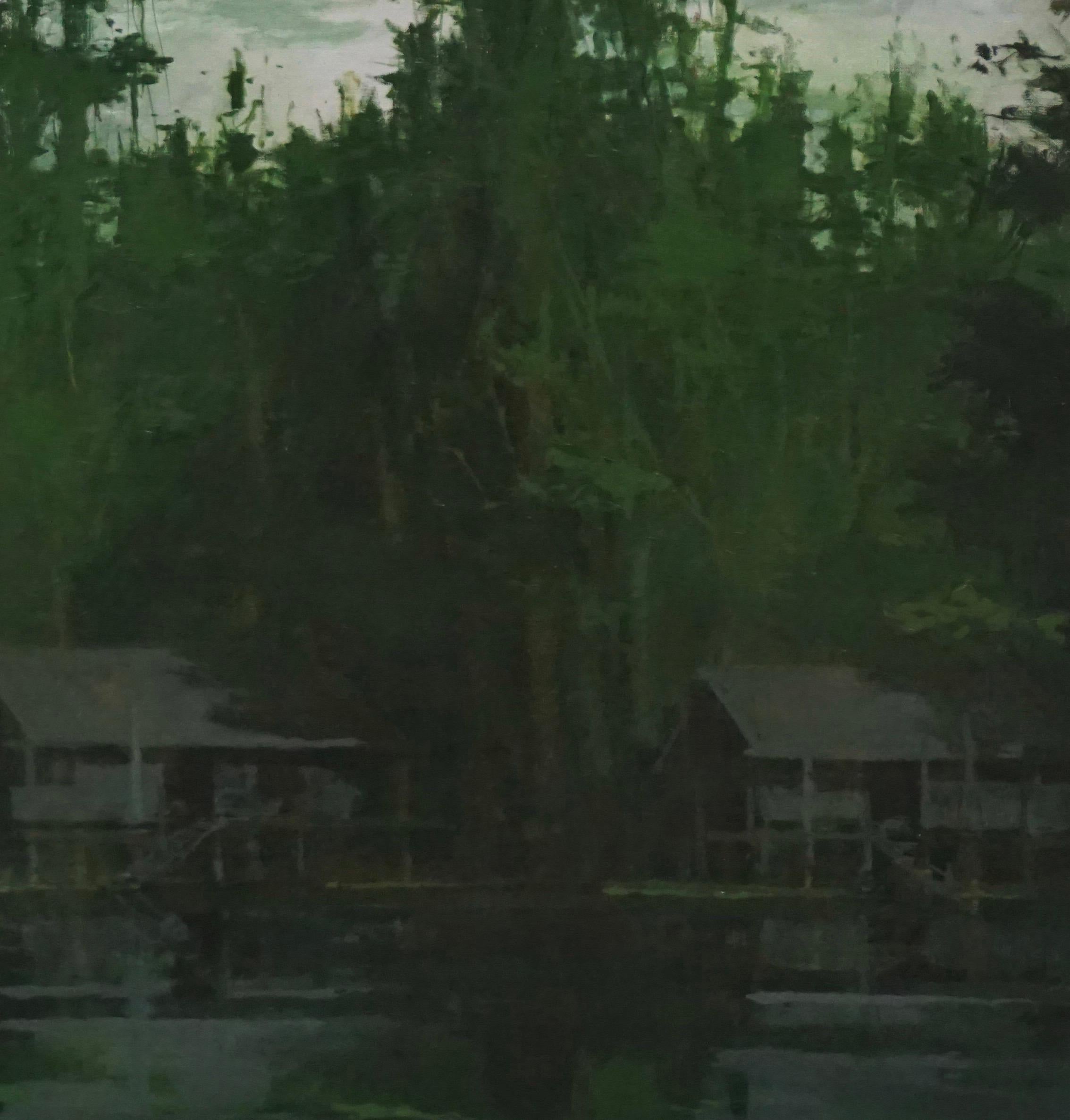 Houses on stilts on the Amazon, Jungle series - round painting, landscape, green - Painting by Calo Carratalá