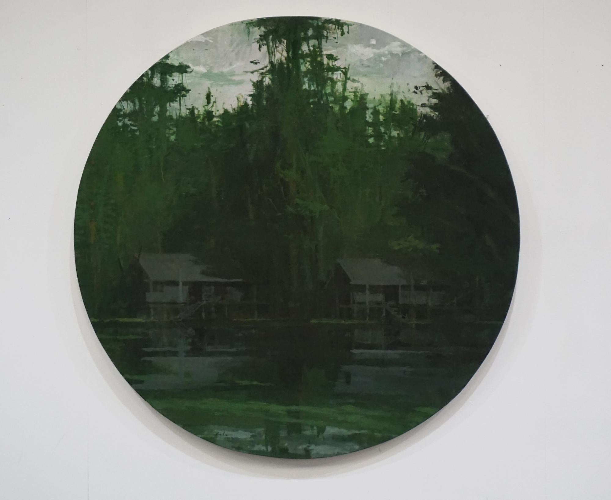 Houses on stilts on the Amazon, Jungle series - round painting, landscape, green