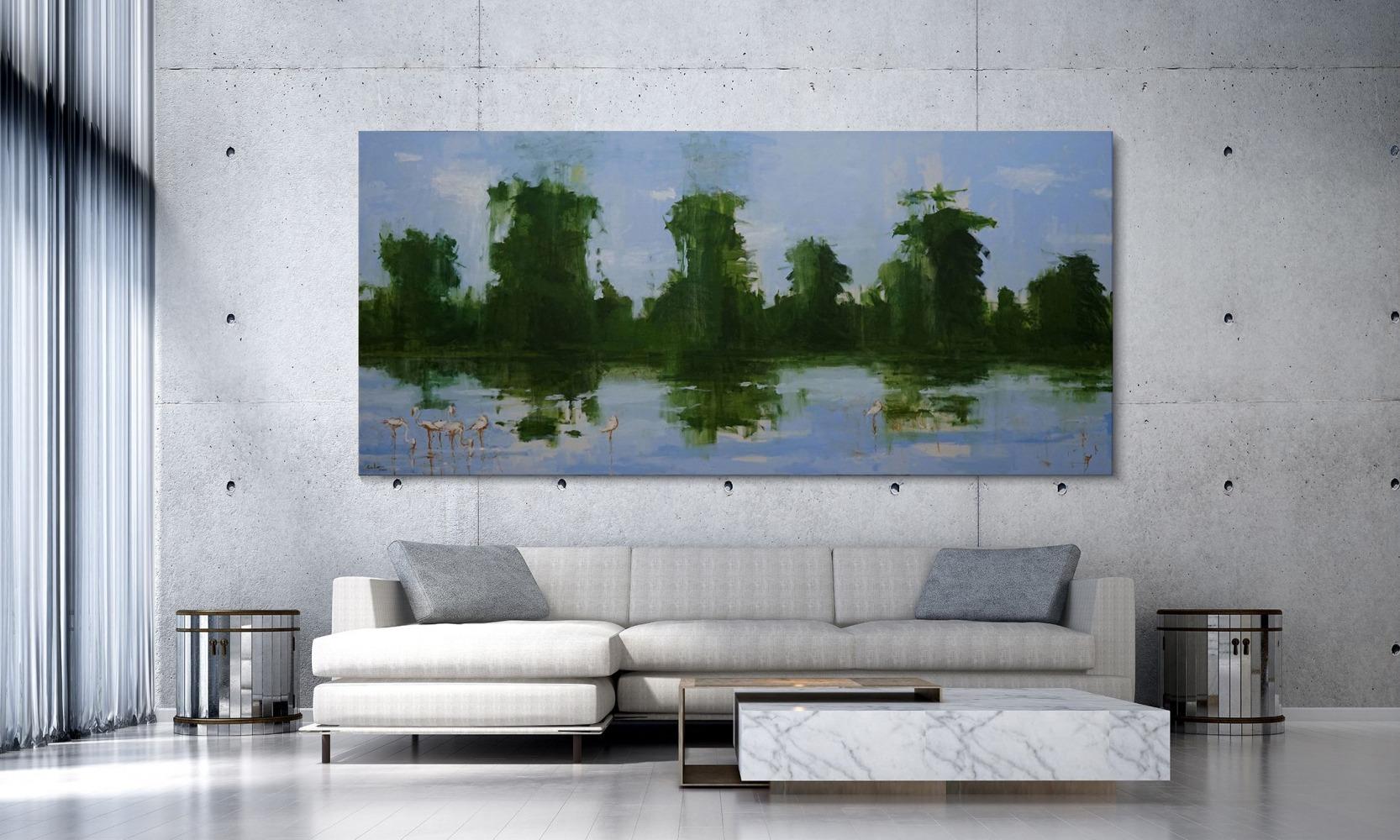Lago Manyara nº 2 by Calo Carratalá - Gran cuadro paisaje acuático, Tanzania, aves en venta 1