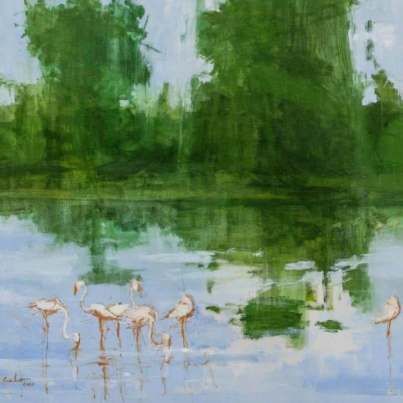 Lago Manyara nº 2 by Calo Carratalá - Gran cuadro paisaje acuático, Tanzania, aves en venta 4