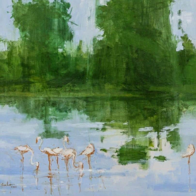 Lac Manyara n° 2 par Calo Carratalá - Grande peinture de paysage aquatique, Tanzanie en vente 4