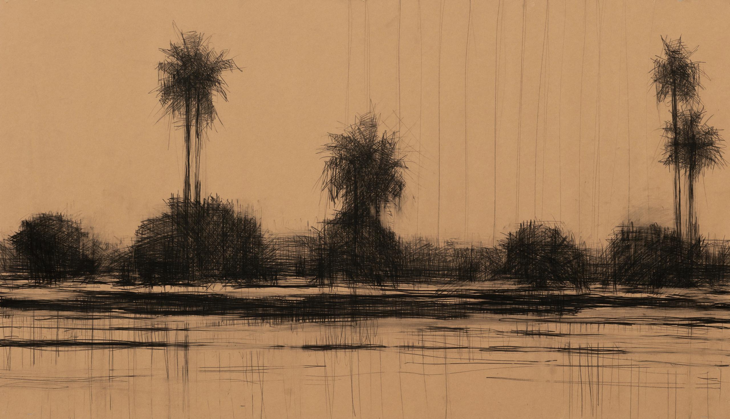 Mangroves in Casamance No.1 is a unique oil pencil on cardboard, glued on wooden frame painting by Spanish contemporary artist Calo Carratalá, dimensions are 80 × 139 × 4 cm (31.5 × 54.7 × 1.6 in). 
The artwork is signed, sold unframed (a
