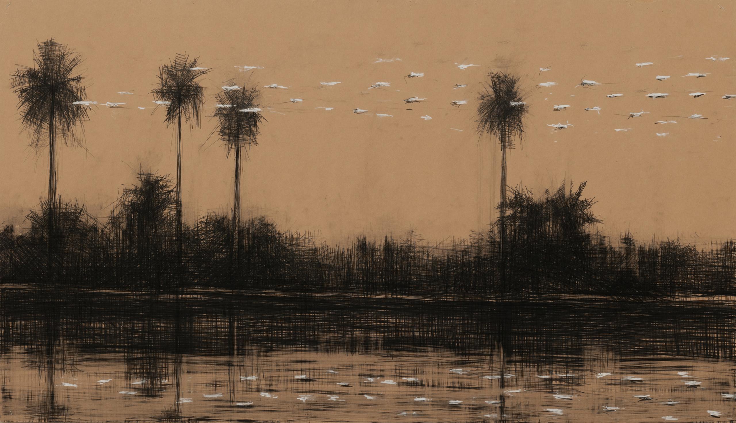 Mangroves in Casamance No.2 is a unique oil pencil on cardboard, glued on wooden frame painting by Spanish contemporary artist Calo Carratalá, dimensions are 80 × 139 × 4 cm (31.5 × 54.7 × 1.6 in). 
The artwork is signed, sold unframed (a