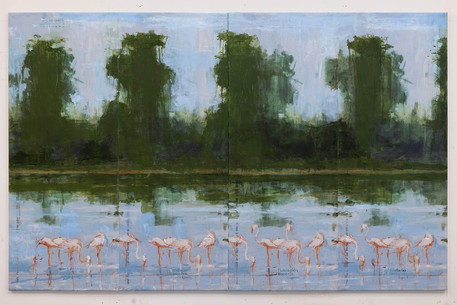 Lac Manyara No.4 par Calo Carratalá - Grande peinture de paysage aquatique, Tanzanie, oiseaux en vente 1