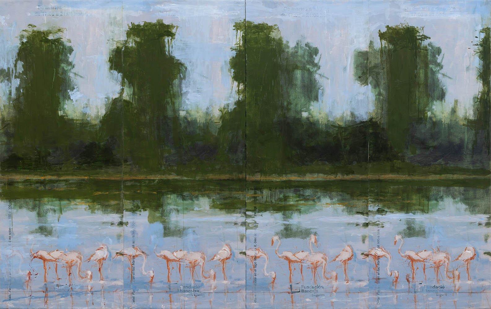 Manyara Lake No.4 est une peinture unique de l'artiste contemporain espagnol Calo Carratalá, elle est réalisée à l'acrylique sur toile vinyle imprimée montée sur châssis en bois, les dimensions sont de 200 × 317 cm (78.7 × 124.8 in). Cette peinture