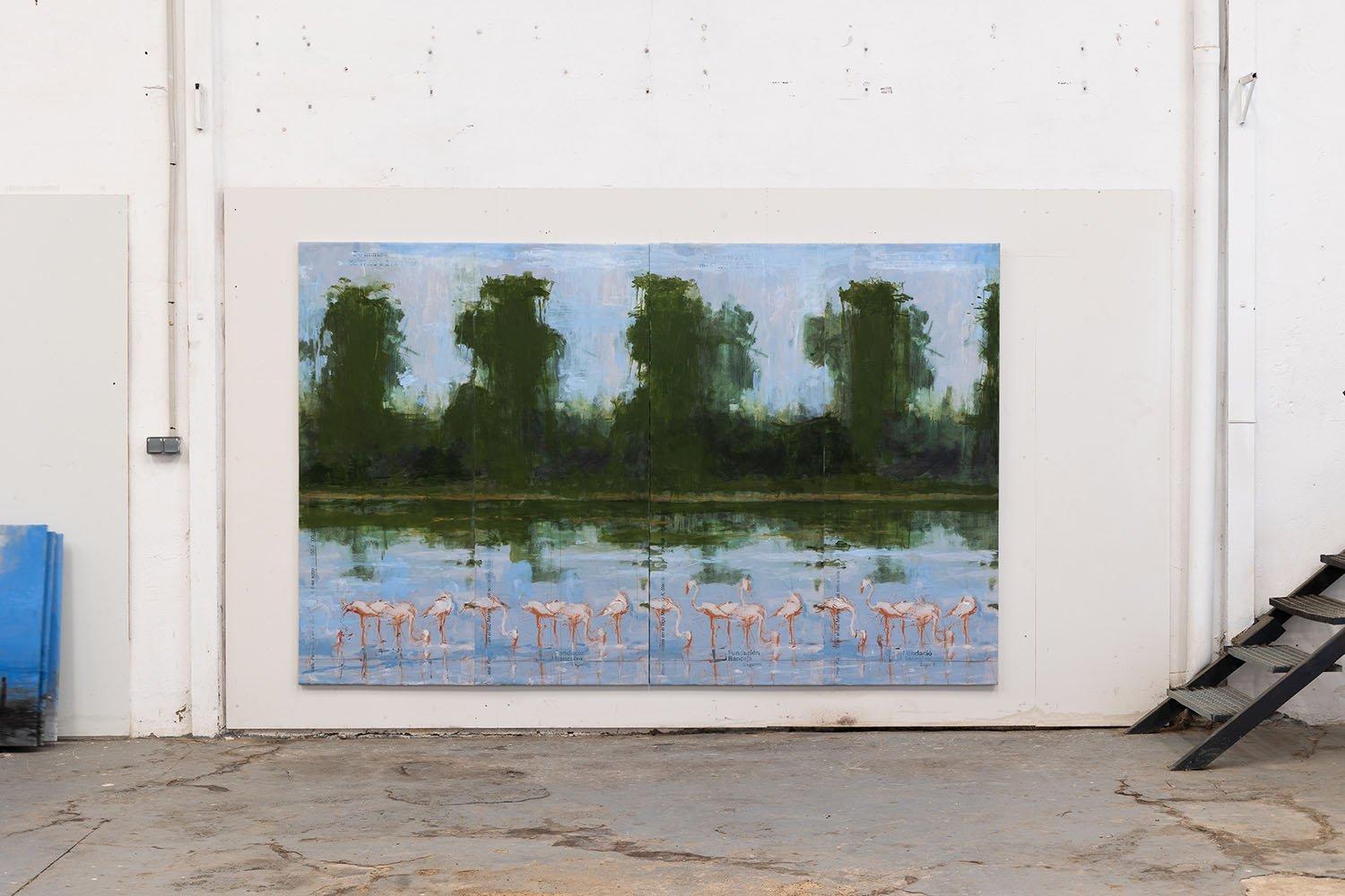 Manyara Lake No.4 is a unique painting by Spanish contemporary artist Calo Carratalá, it is made with acrylic on printed vinyl canvas mounted on wood frame, dimensions are 200 × 317 cm (78.7 × 124.8 in). This painting is composed of two panels each