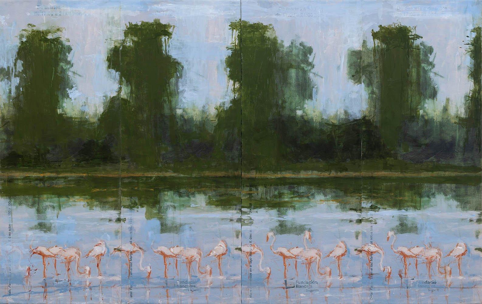 Manyara Lake No.4 ist ein einzigartiges Gemälde des spanischen zeitgenössischen Künstlers Calo Carratalá. Es wurde mit Acryl auf bedruckter Vinyl-Leinwand auf einem Holzrahmen gemalt und hat die Maße 200 × 317 cm. Dieses Gemälde besteht aus zwei