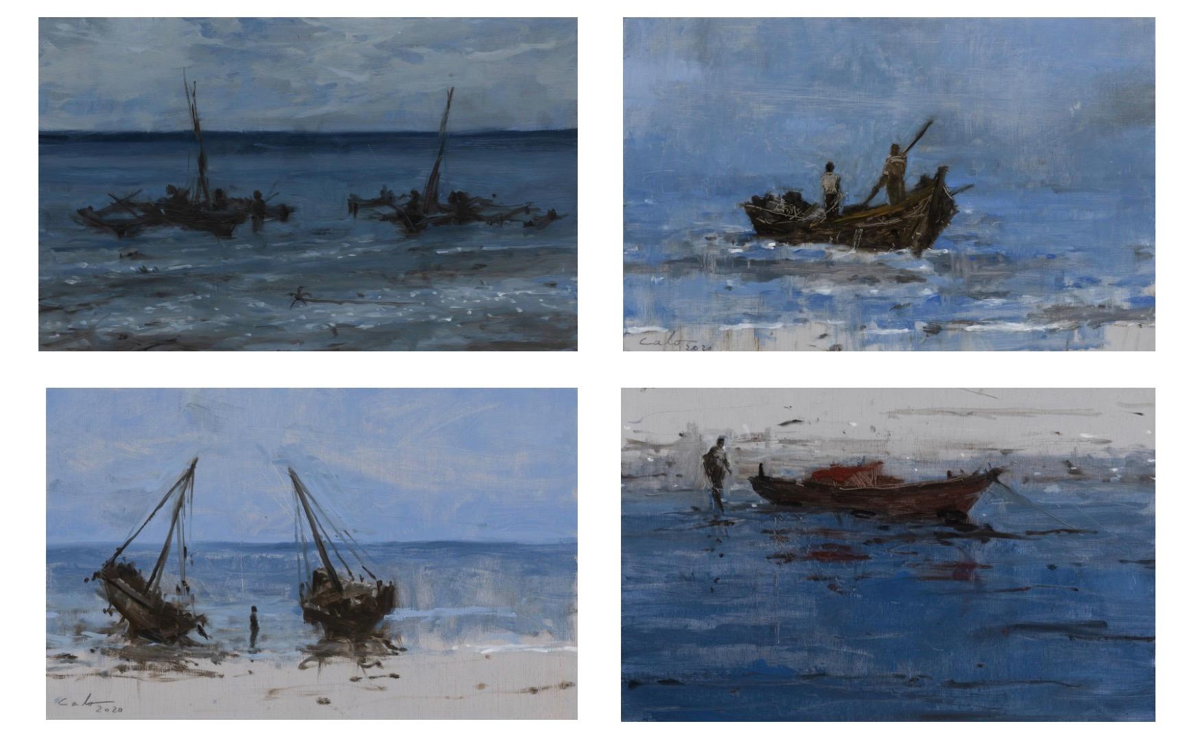 Satz von 4 Gemälden aus der Serie "Marinas" des spanischen zeitgenössischen Künstlers Calo Carratalá.
Ölgemälde auf Holzplatte, je 22 cm × 35 cm. Abmessungen der Installation wie abgebildet (einschließlich 5 cm Abstand zwischen den einzelnen