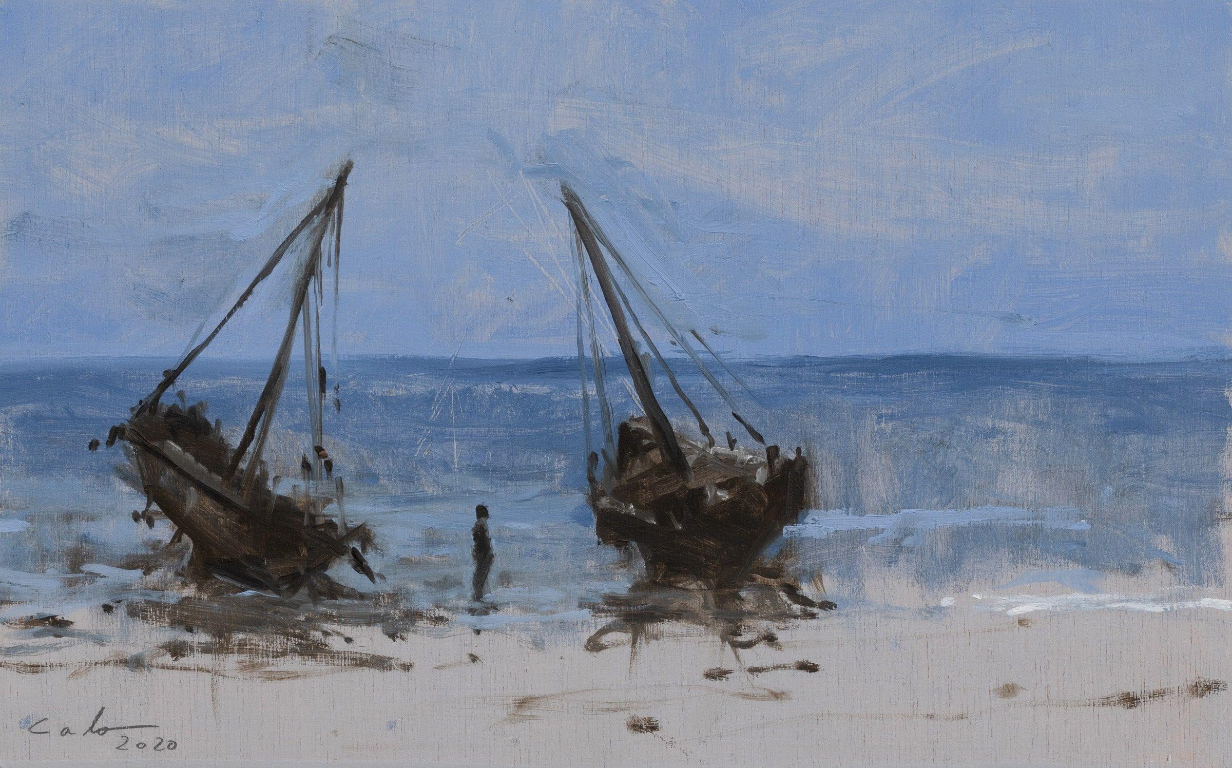 Marinas No. 12, oil painting on wood panel by Spanish contemporary artist Calo Carratalá. 22 cm × 35 cm.
This landscape painting takes the viewer to the coasts of Tanzania on the Indian Ocean, the source of the artist's inspiration. It is part of