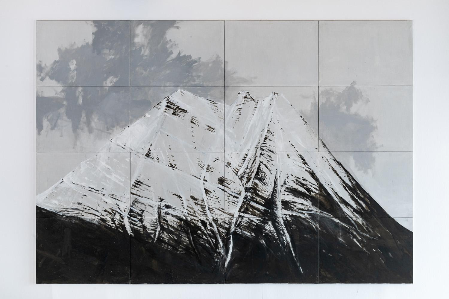Mountain in Lyngen is a unique oil on canvas painting by Spanish contemporary artist Calo Carratalá, dimensions are 324 × 464 cm (127.6 × 182.7 in). Polyptych of 16 pieces : 81 x 116 cm each (31.8 x 45.6 in).
The artwork is signed, sold unframed and
