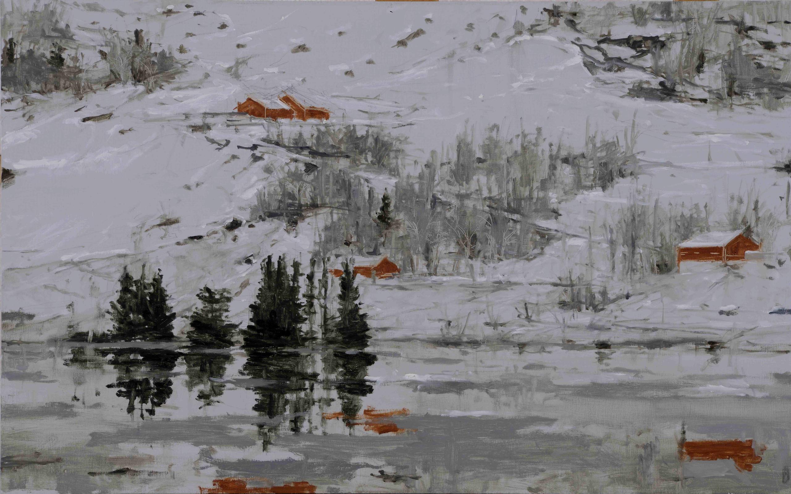Narvik No. 4 is a unique oil on wood painting by Spanish contemporary artist Calo Carratalá, dimensions are 46 × 74 cm (18.1 × 29.1 in). 
The artwork is signed and comes with a certificate of authenticity.

This piece depicts a wintry scene typical