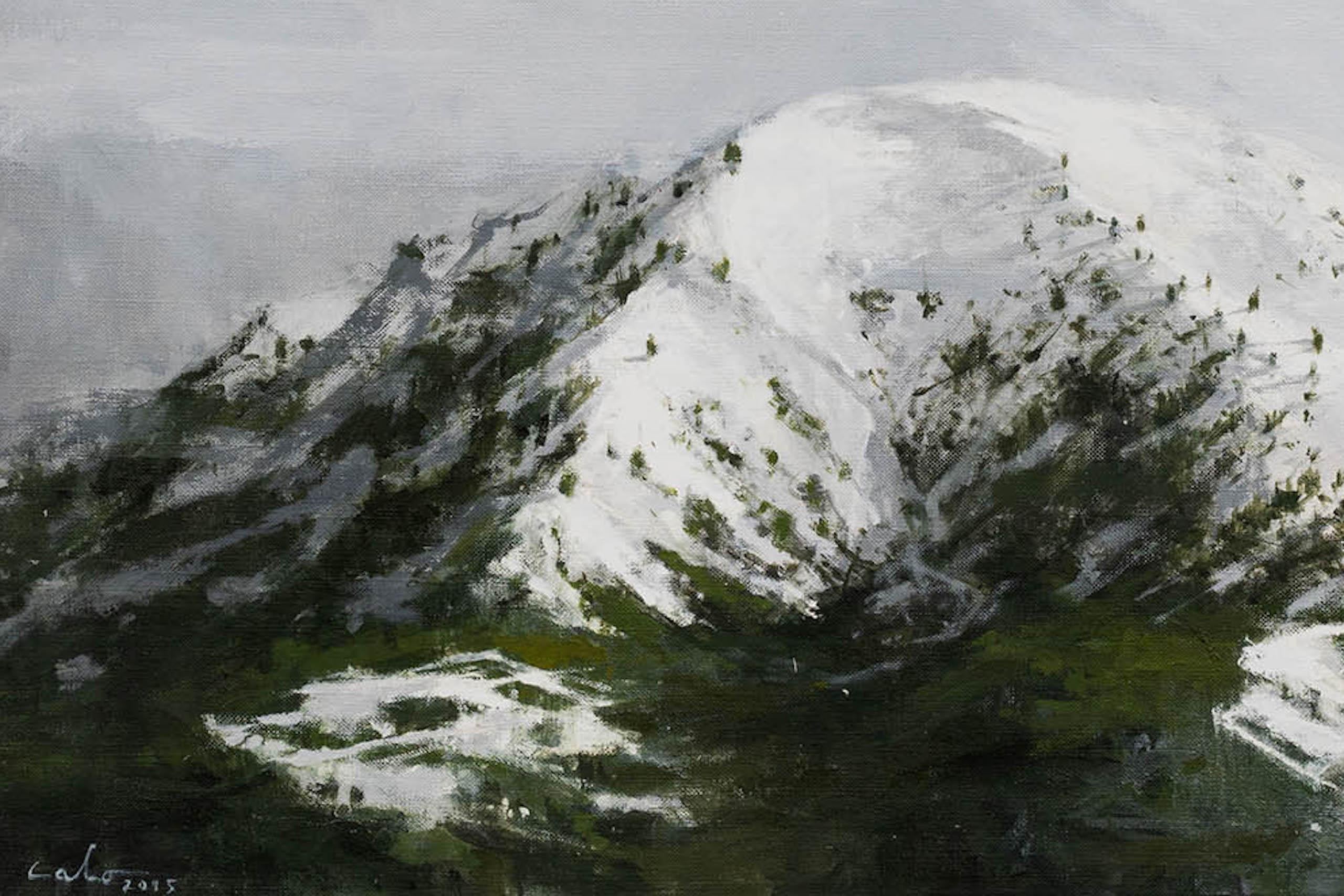 Pre-Pyrenees N1 by Calo Carratalá - Landscape painting, snowy mountain, winter For Sale 3