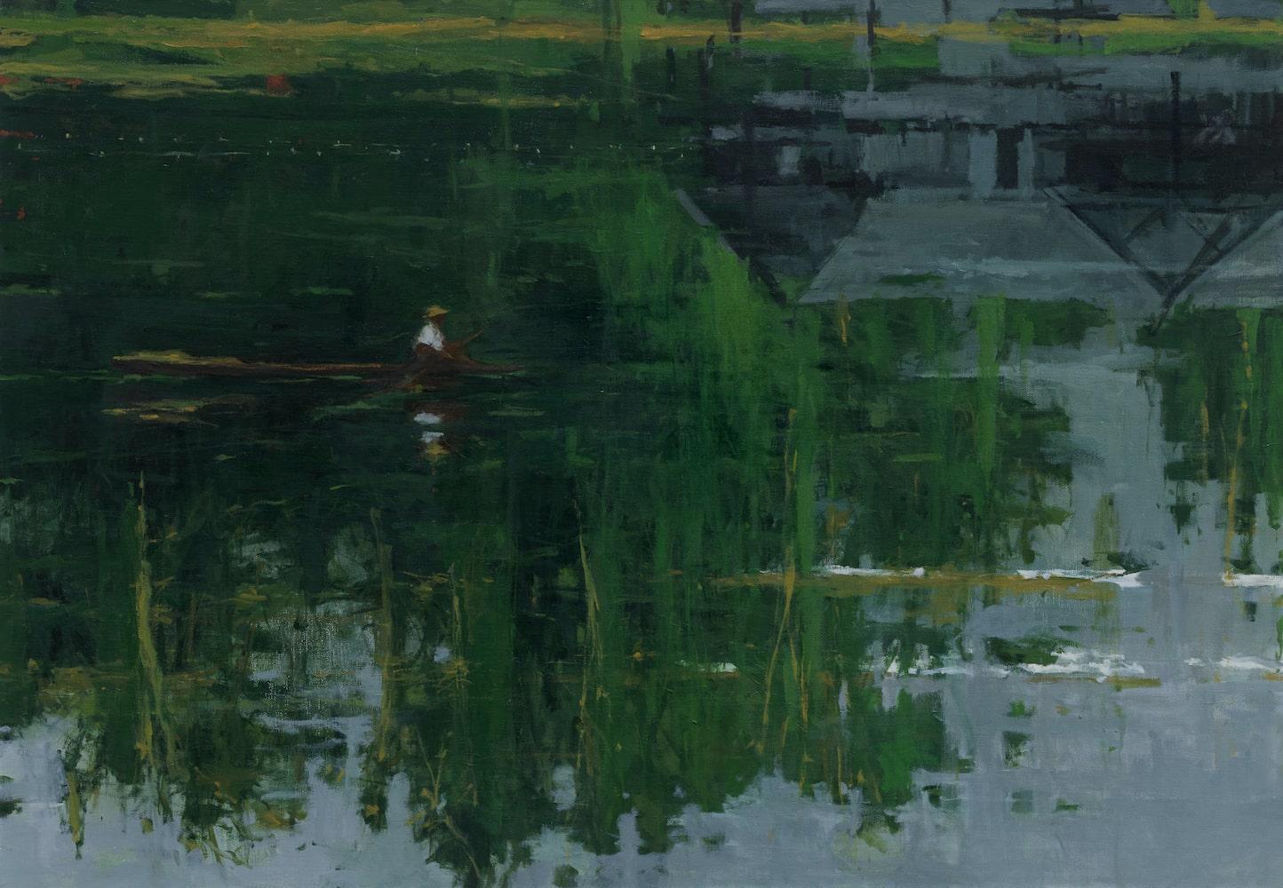 Pucate River Reflection n°6 by Calo Carratalá - large waterscape painting