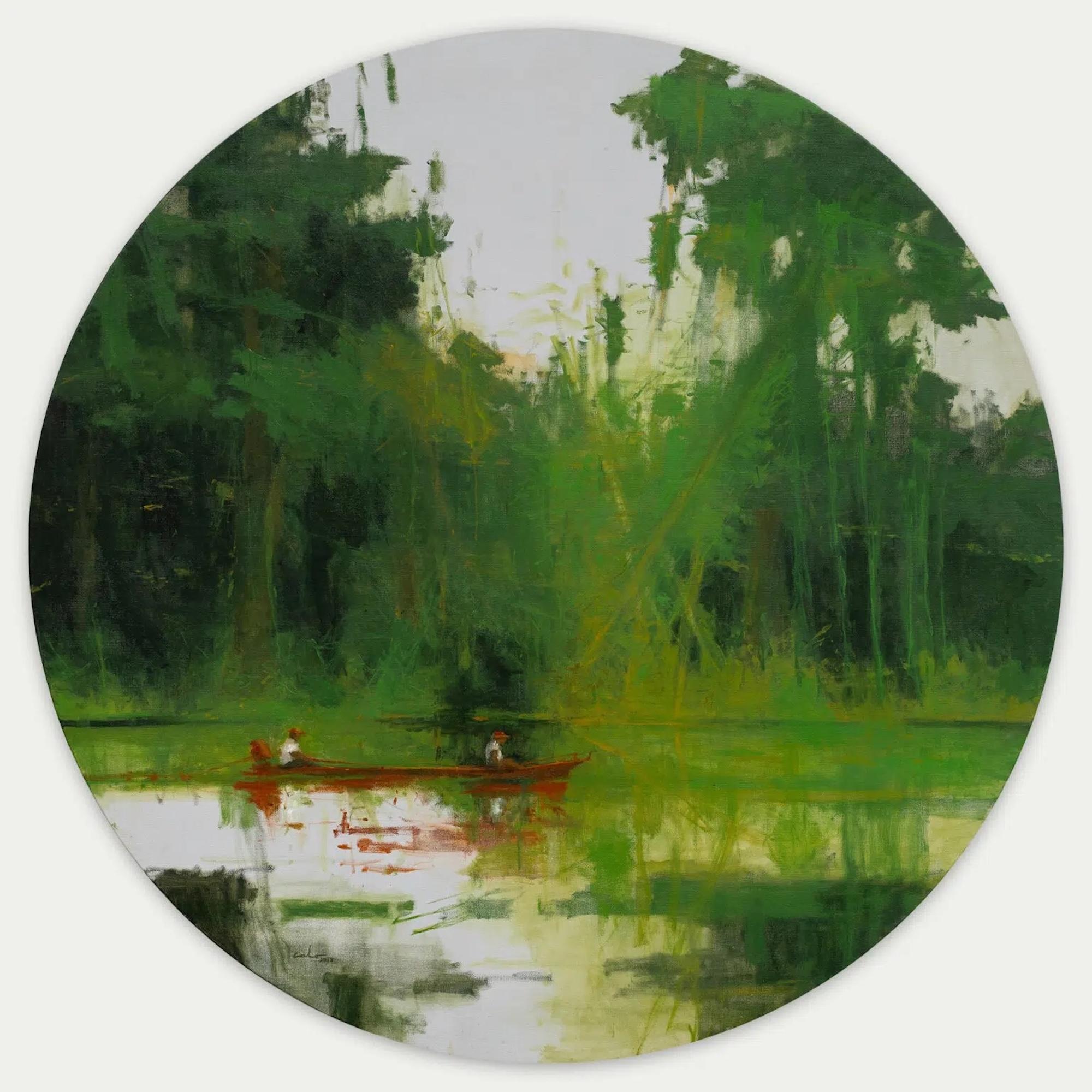 Rotes Boot von Calo Carratalá - Acryl Kunstwerk, Amazonien, grün, Dschungel