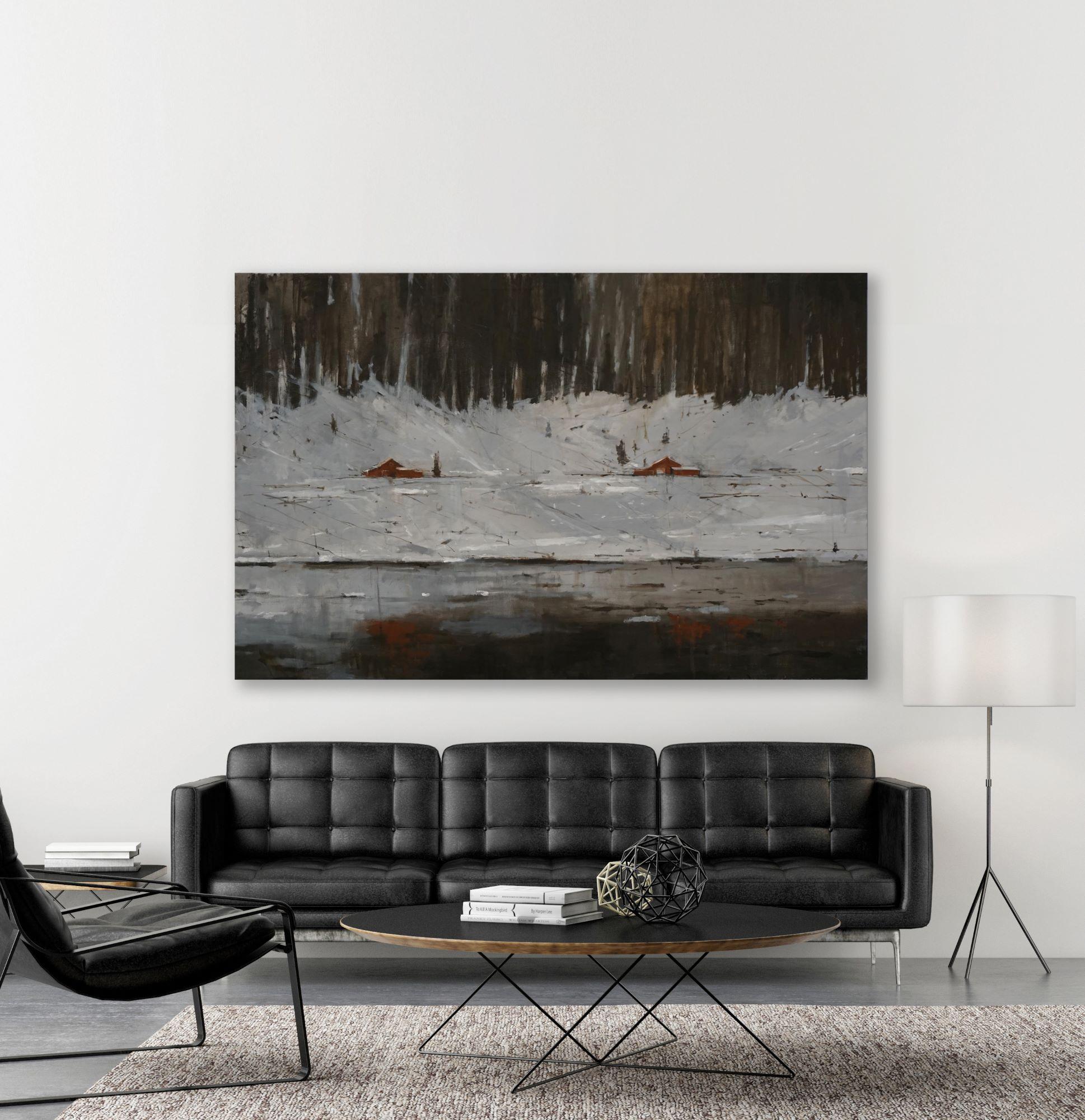 Red Houses in Nord-Norge by Calo Carratala - Snowy landscape painting, forest - Painting by Calo Carratalá