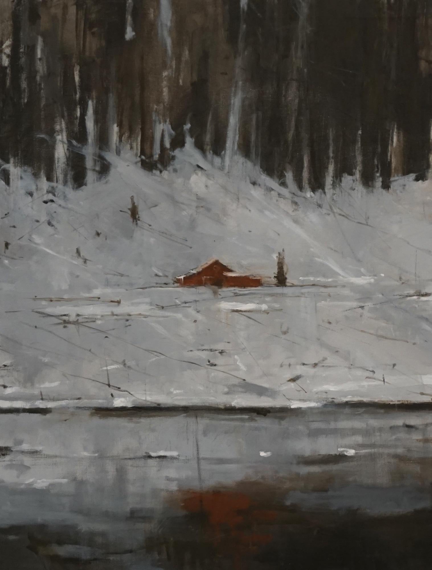 Red Houses in Nord-Norge by Calo Carratala - Snowy landscape painting, forest - Contemporary Painting by Calo Carratalá
