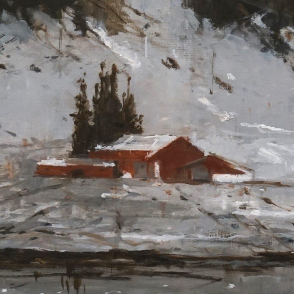 Red Houses No. 1  is a unique oil on laminated wood painting from the Norway series by Spanish contemporary artist Calo Carratalá, dimensions are 46 × 74 cm (18.1 × 29.1 in).
The artwork is signed, sold framed and comes with a certificate of