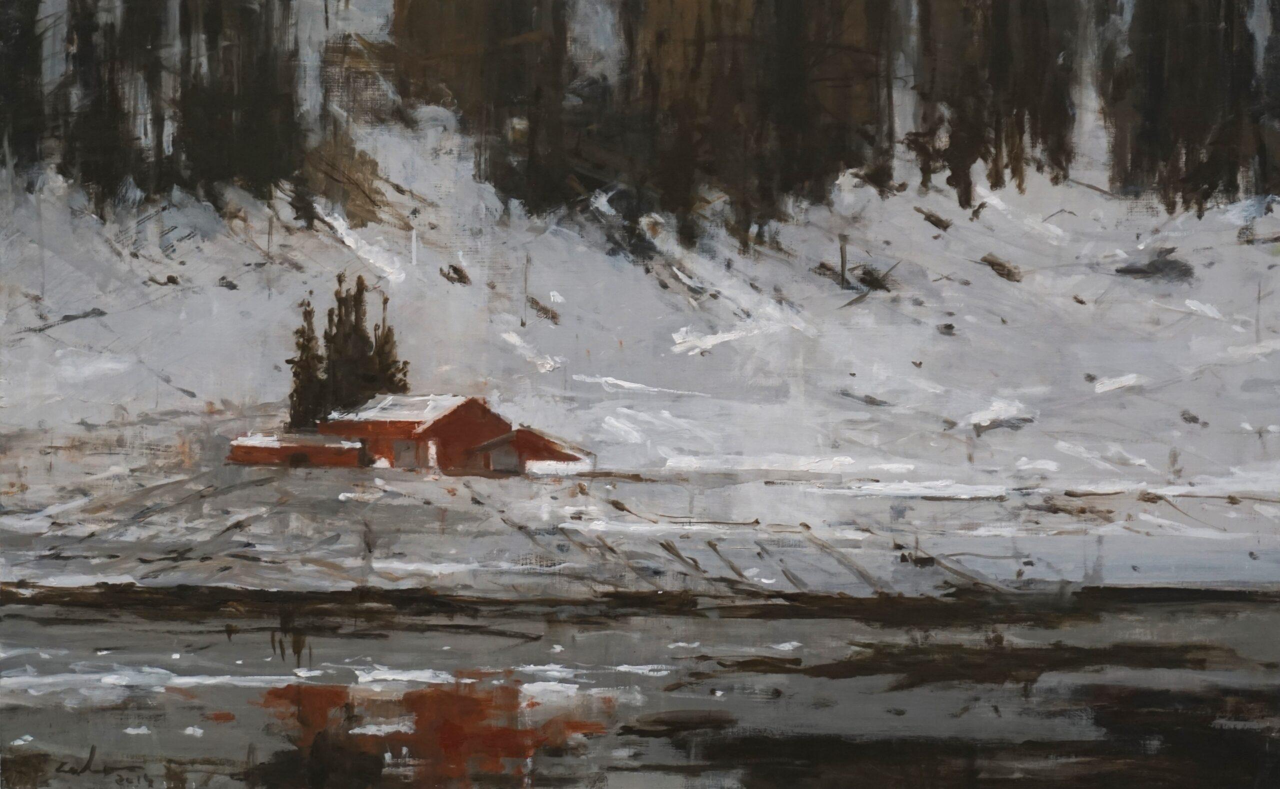 Landscape Painting Calo Carratalá - Red Houses n° 1, Norvège par Calo Carratala - Peinture de paysage de neige