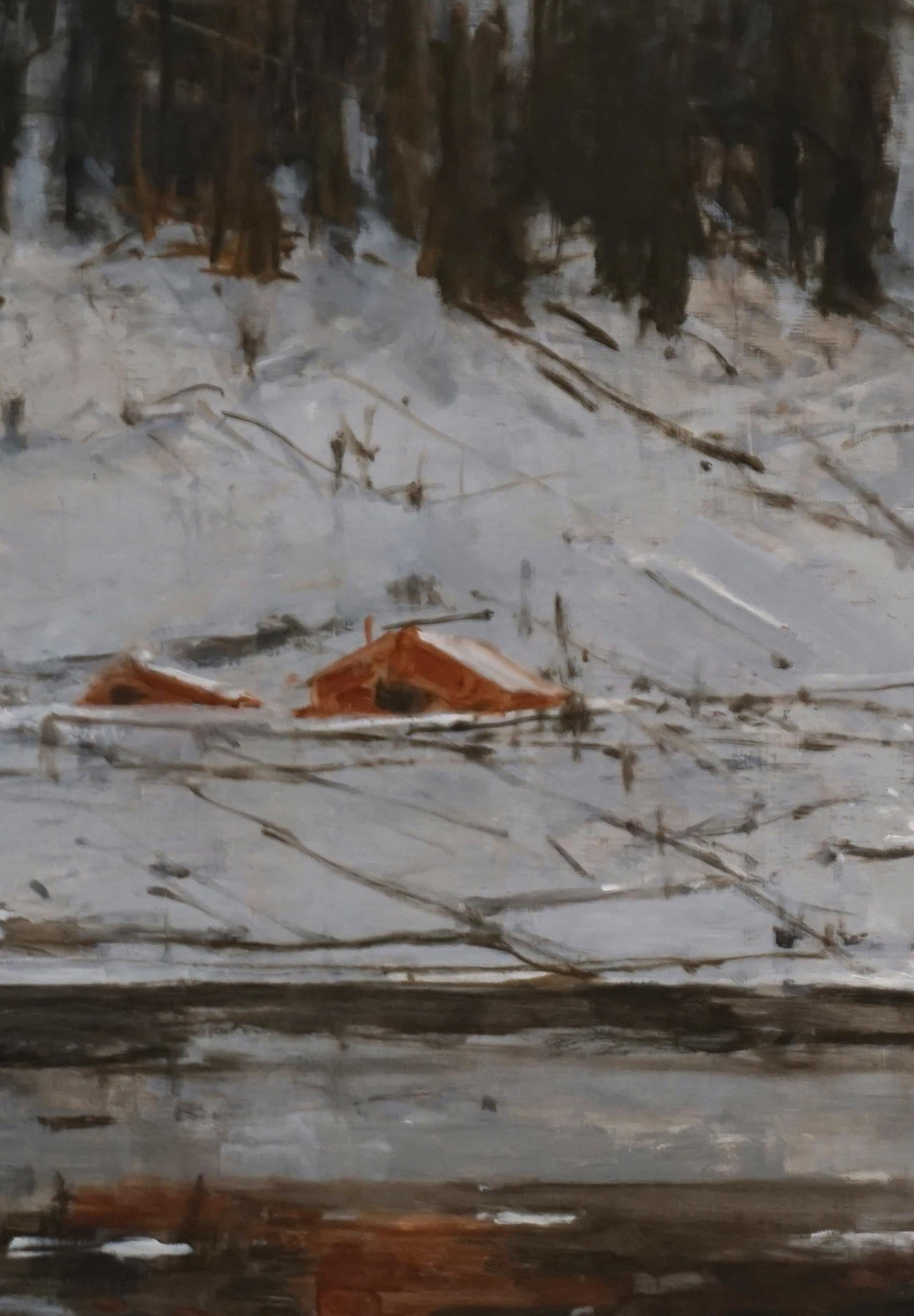 Red Houses No. 3 by Calo Carratalá - Snowy landscape painting, forest, Norway For Sale 4