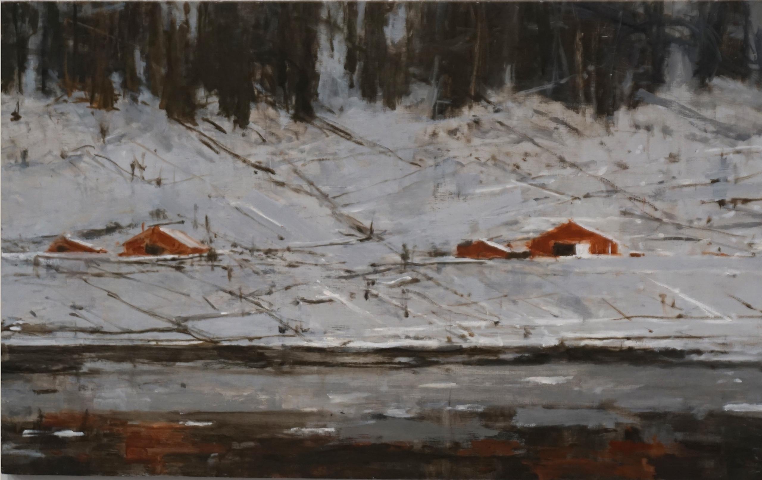 Red Houses No. 3 is a unique oil on wood painting from the Norway series by Spanish contemporary artist Calo Carratalá, dimensions are 46 × 74 cm (18.1 × 29.1 in).
The artwork is signed, sold unframed and comes with a certificate of
