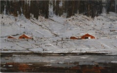 Red Houses No. 3 by Calo Carratalá - Snowy landscape painting, forest, Norway