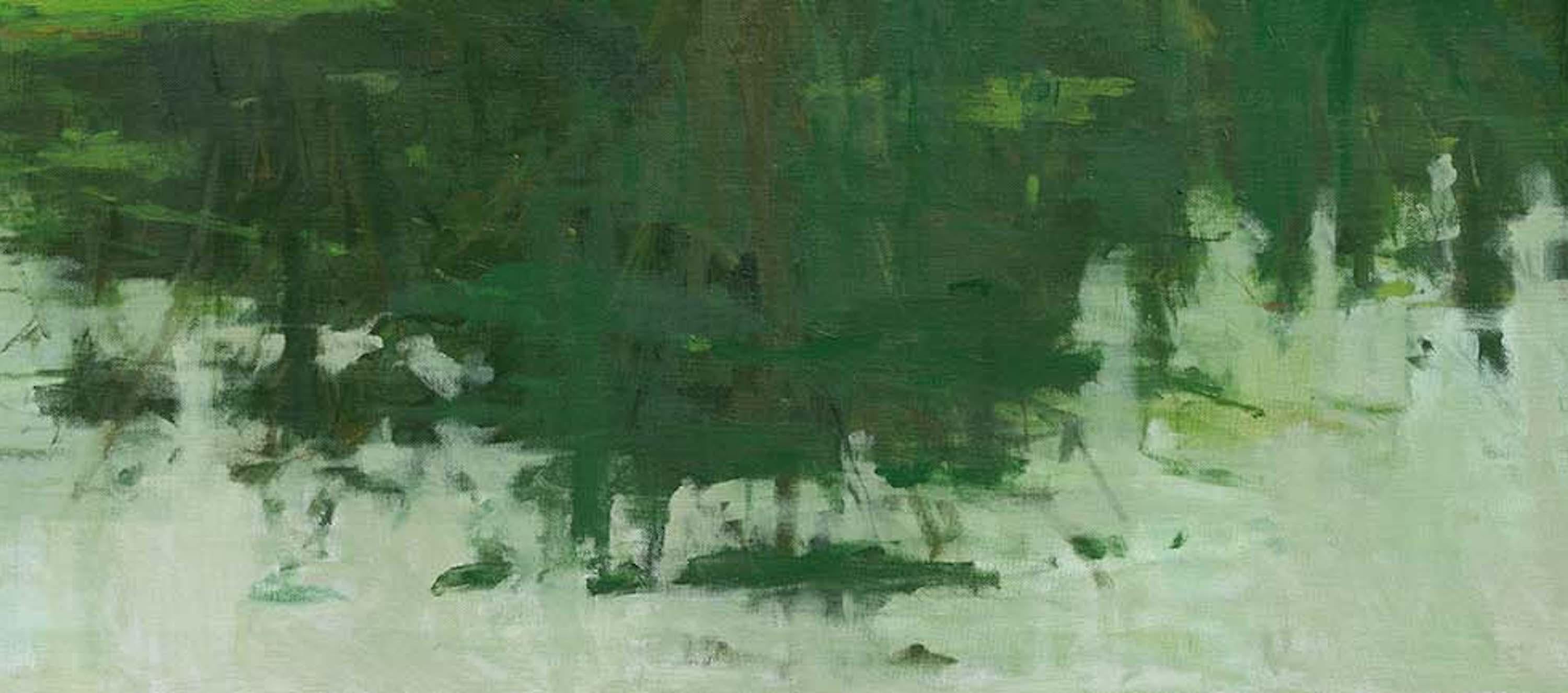 Reflection No. 5 by Calo Carratalá - Landscape painting, green Amazon rainforest For Sale 3