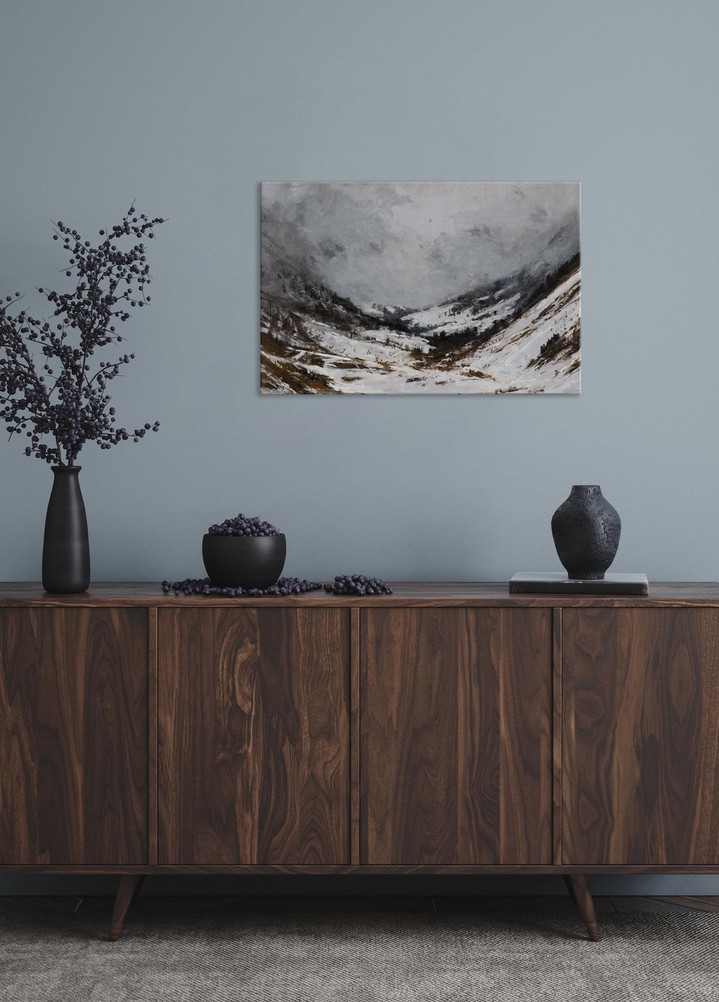 Carretera que va a Baqueira por Calo Carratalá - Pintura de paisaje, montaña nevada en venta 1