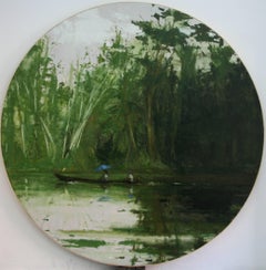 Sailing from Leticia to Santa Rosa by C. Carratalá - large round painting, green