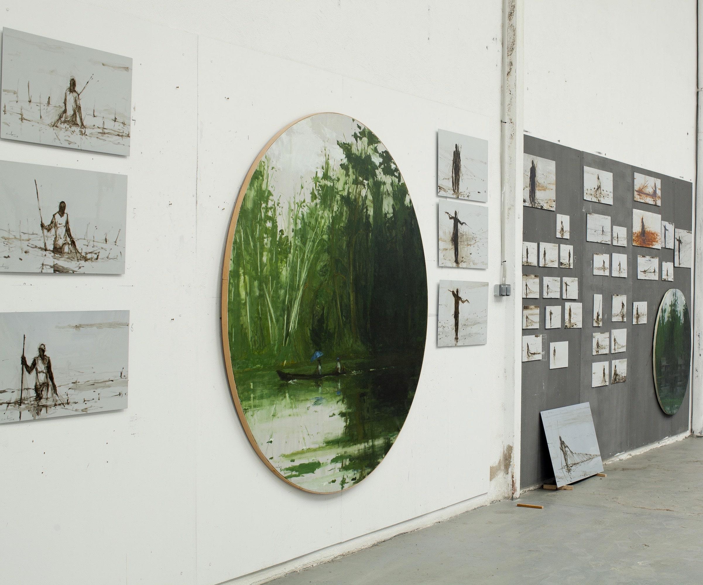 Navigation de Leticia à Santa Rosa par Calo Carratalá - Peinture ronde, paysage en vente 2