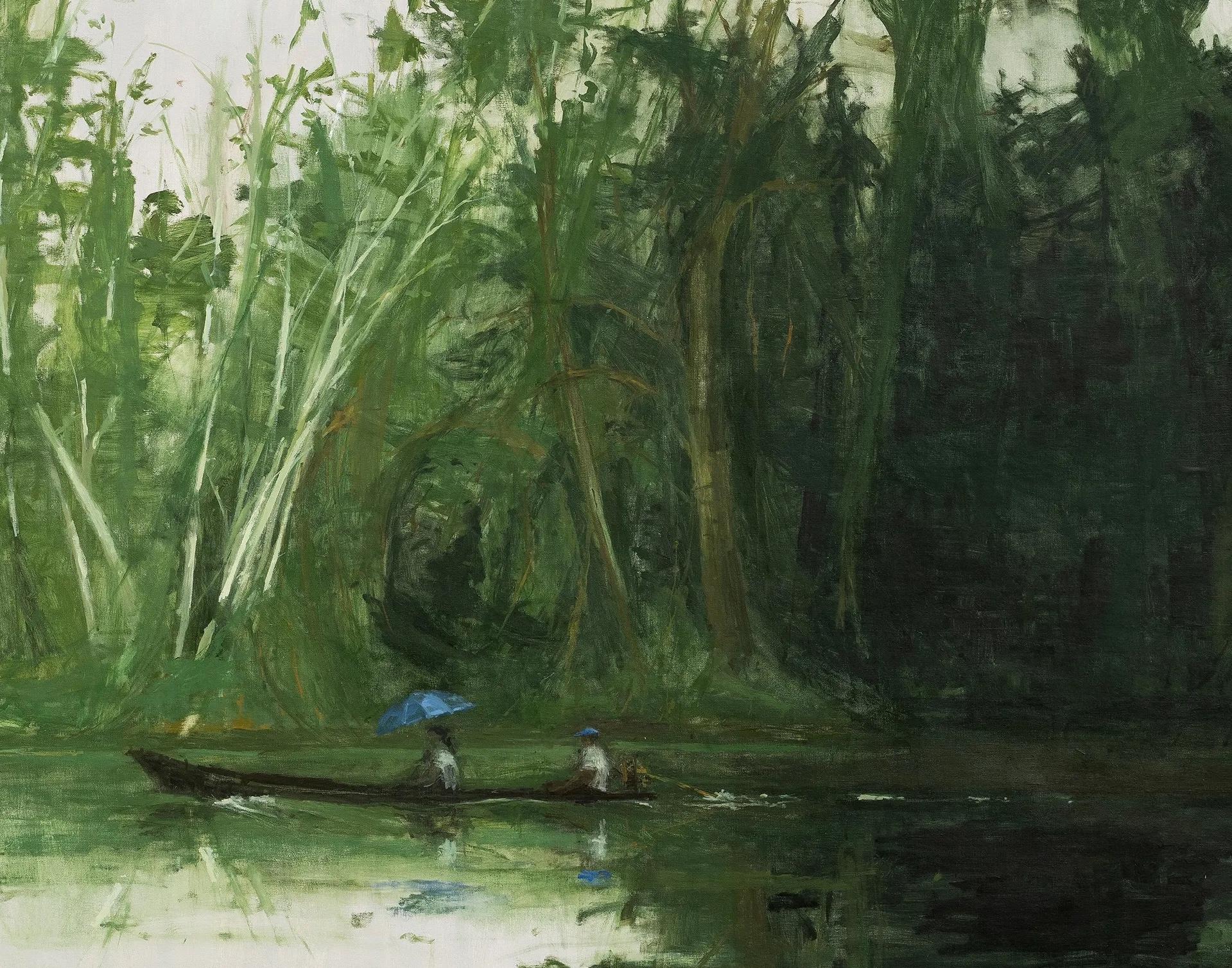 Navigation de Leticia à Santa Rosa par Calo Carratalá - Peinture ronde, paysage en vente 6