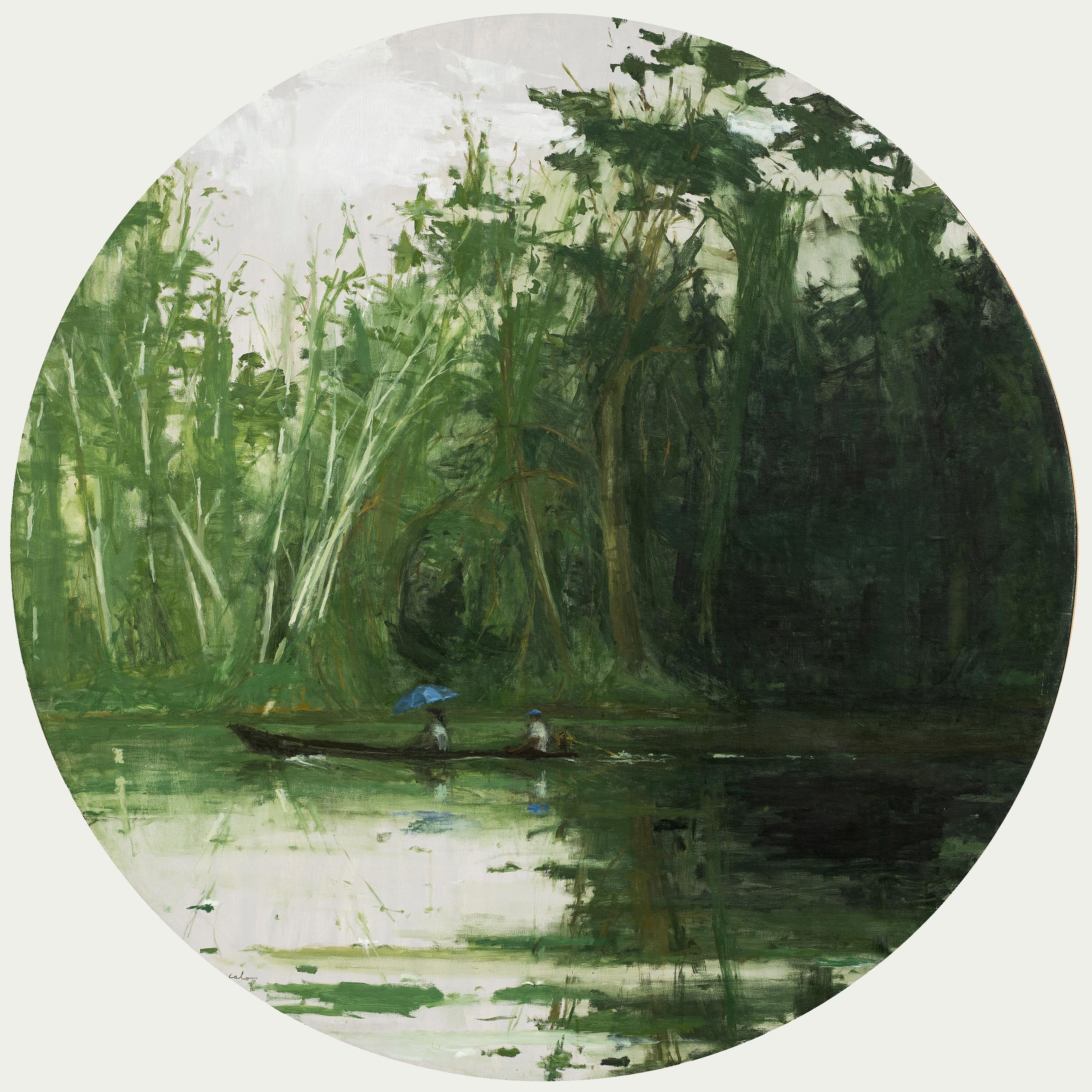 Sailing from Leticia to Santa Rosa est une peinture ronde unique à l'huile sur toile de l'artiste contemporain espagnol Calo Carratalá, dont le diamètre est de 194 (76,4).
L'œuvre est signée, vendue non encadrée et accompagnée d'un certificat