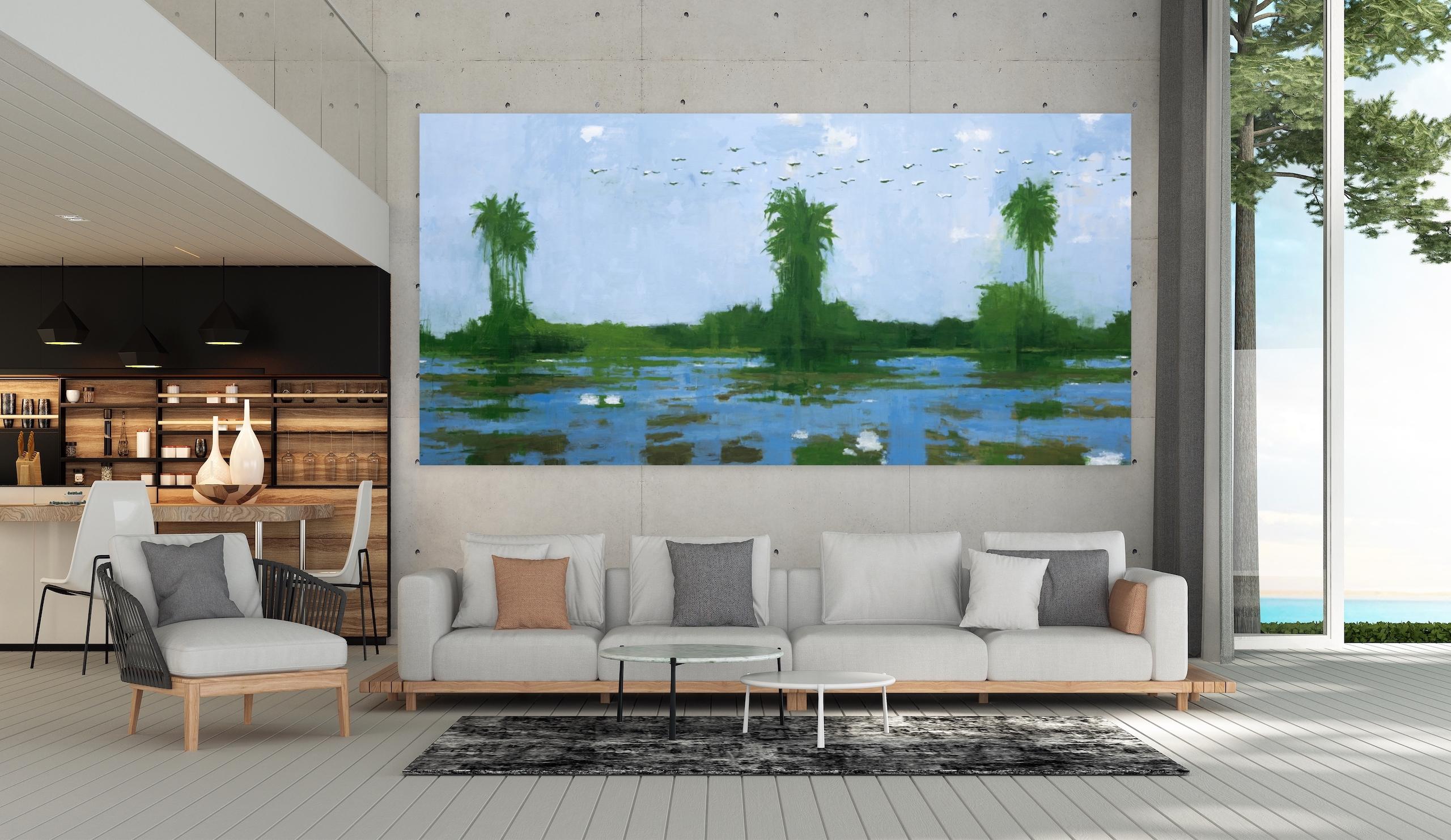 Sédhiou N1 von Calo Carratalá - Wasserlandschaftsmalerei, Senegal, Afrika, Palme im Angebot 1