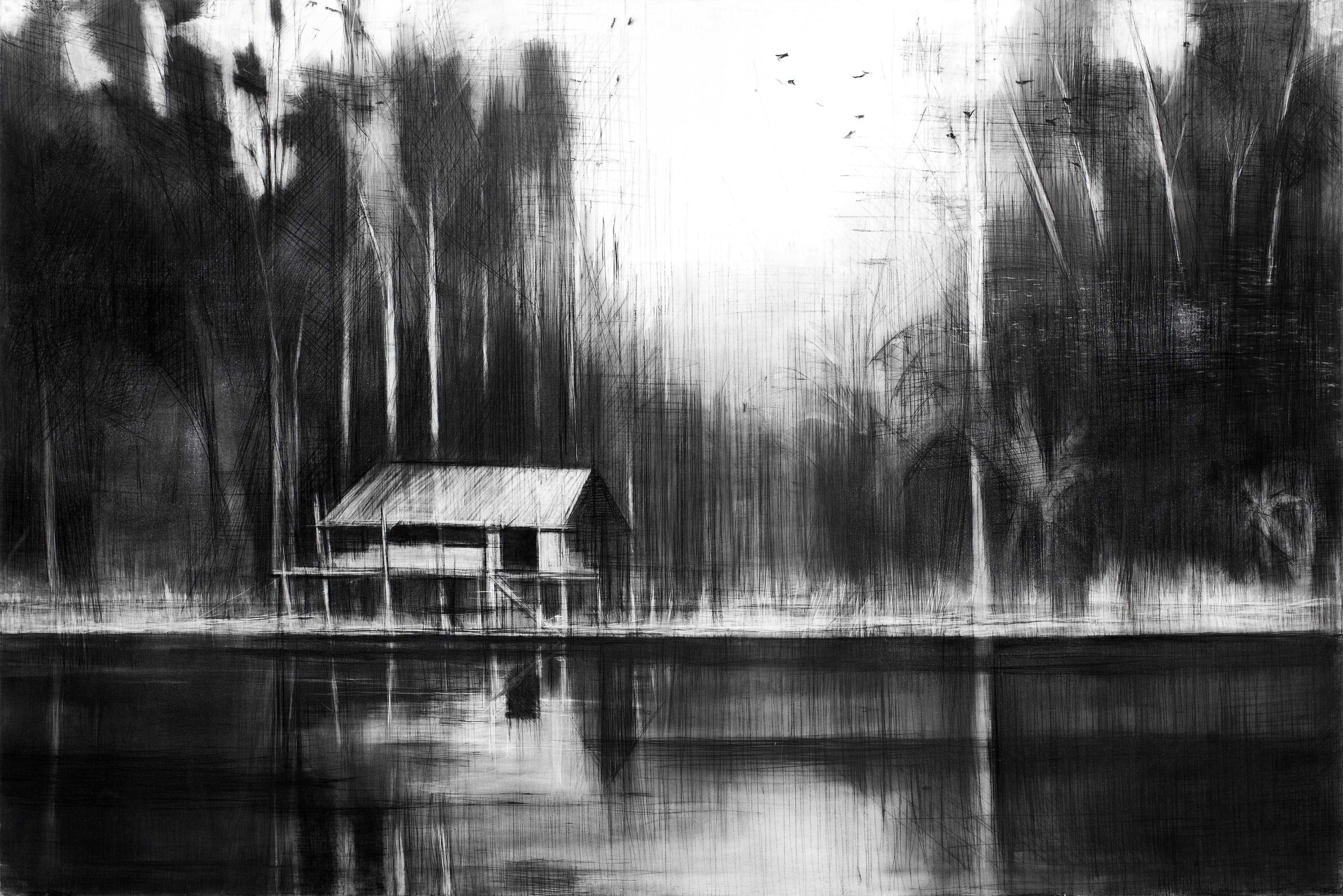 Figurative Painting Calo Carratalá - Selva Negra No. 3 par Calo Carratala - Paysage de forêt tropicale, noir et blanc