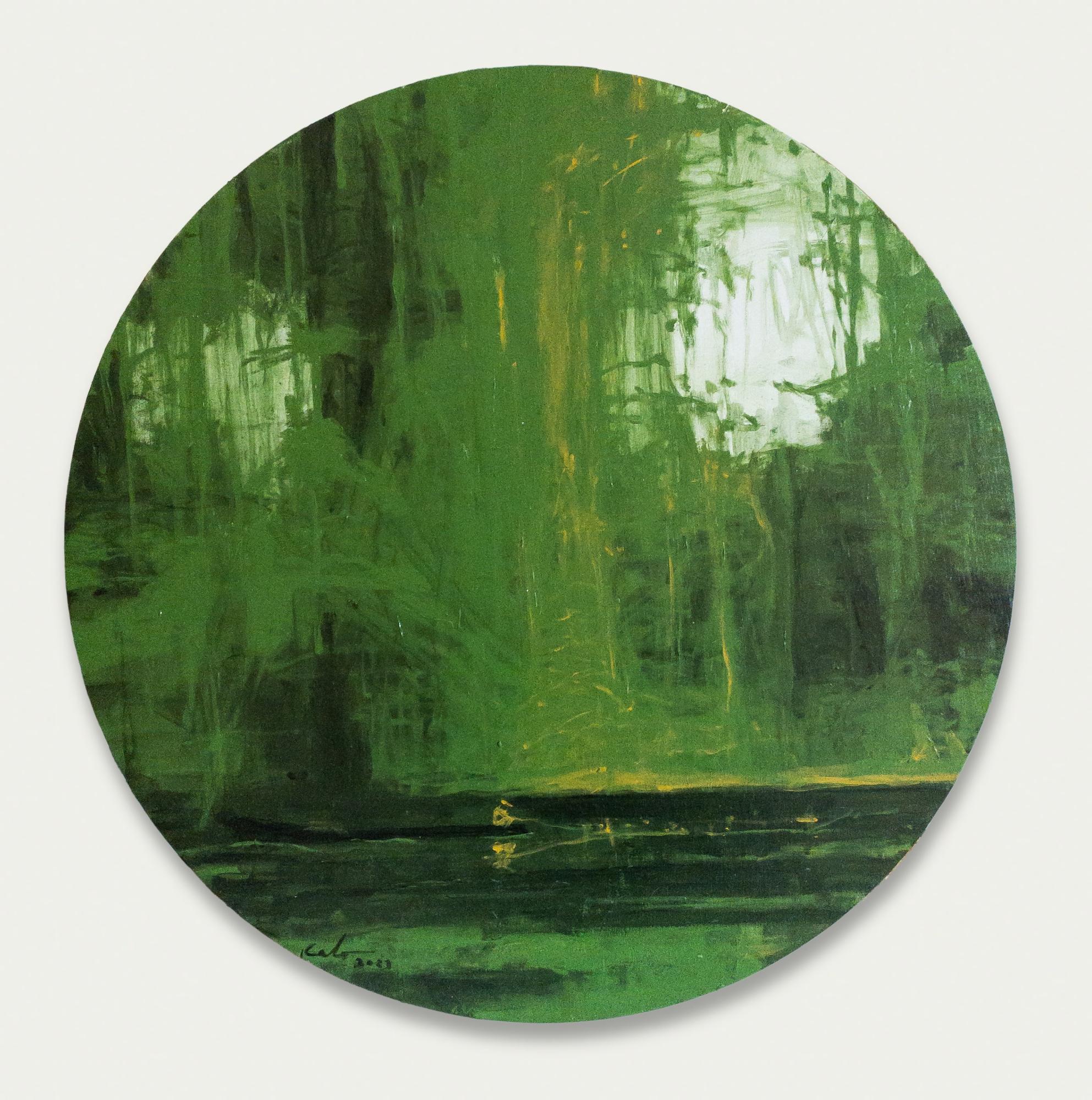 Selvas Verdes is a unique round oil on wood painting by Spanish contemporary artist Calo Carratalá, diameter is 60 cm (23.6 in).
The artwork is signed, sold unframed and comes with a certificate of authenticity.

In the series Jungle, Spanish artist