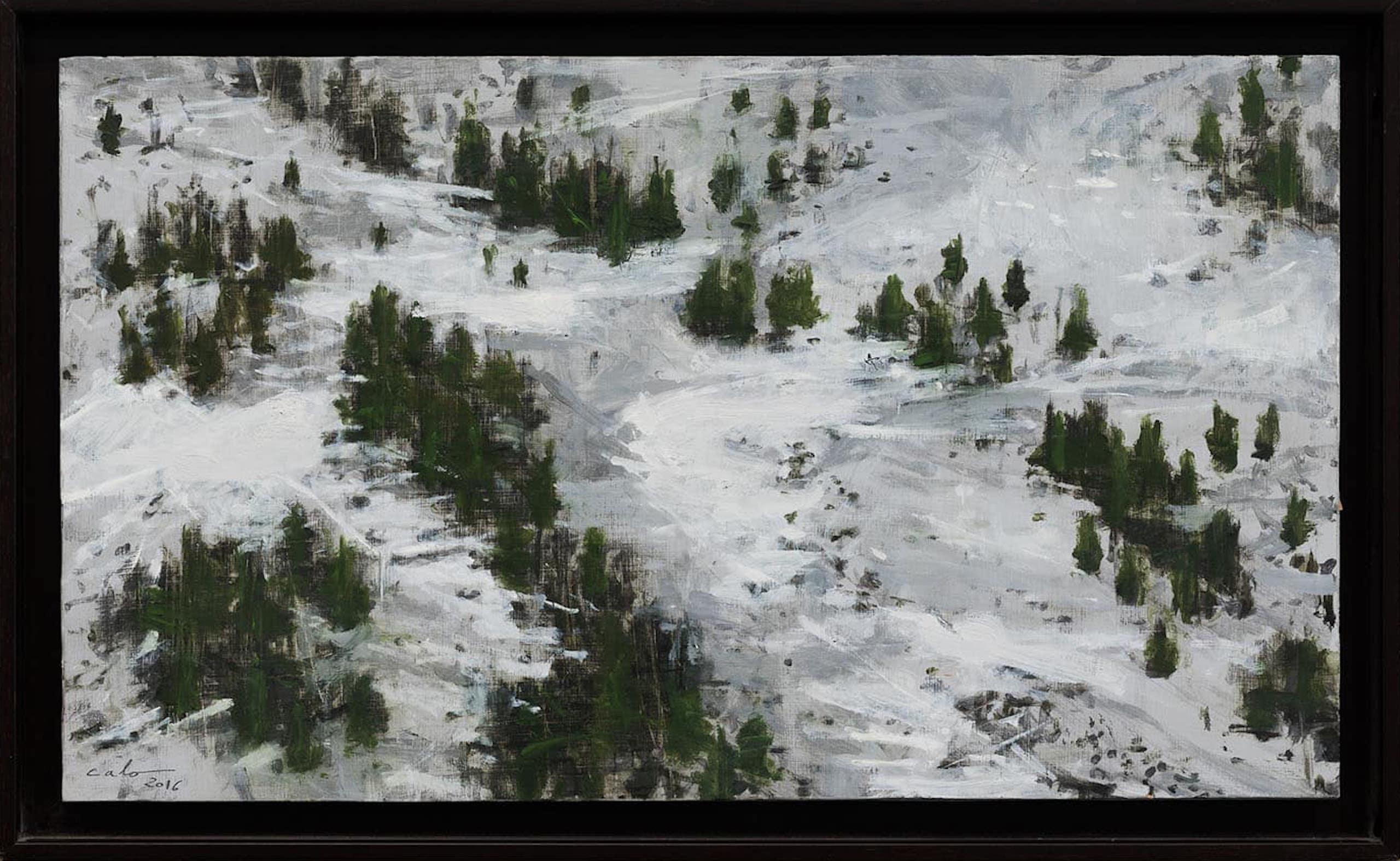 Trees in Baqueira is a unique oil on laminated wood painting by Spanish contemporary artist Calo Carratalá, dimensions are 29 × 50 cm (11.4 × 19.7 in). Framed dimensions are 34 x 55 cm (13.4 x 21.7 in). 
The artwork is signed, sold framed and comes