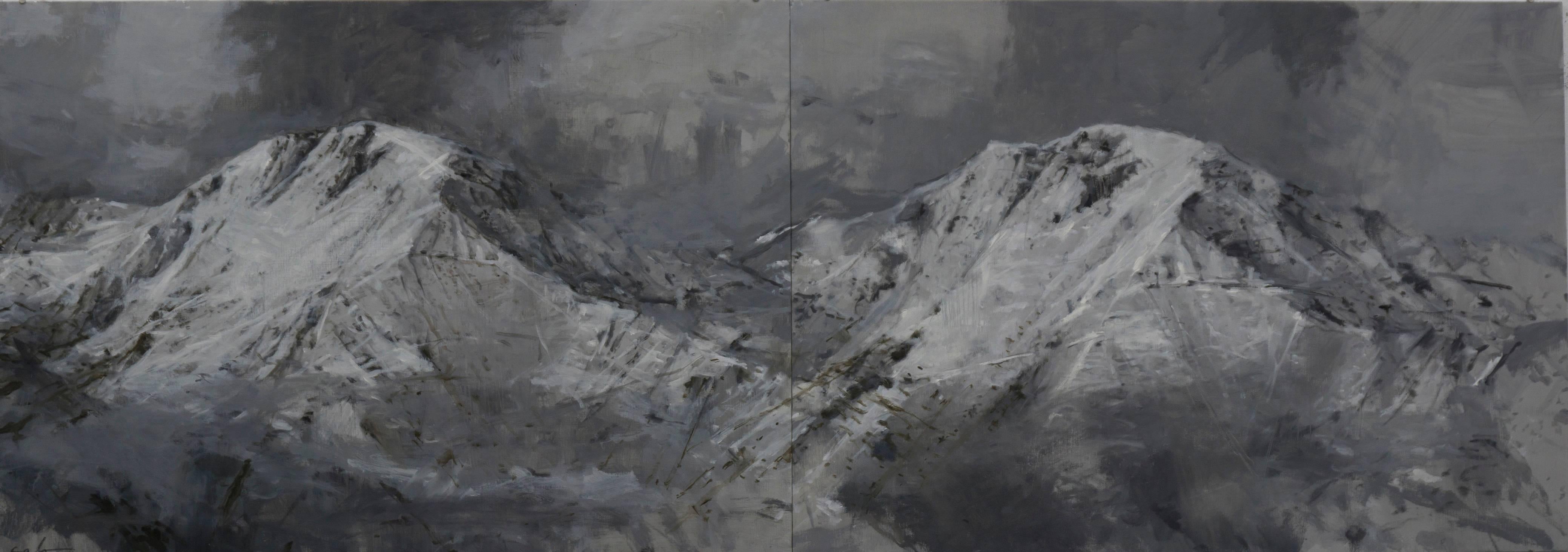 Twin Mountains (Snow series), Oil on wood, 46 x 130 cm, by Spanish contemporary artist Calo Carratalá. This work represents a mountainous winter landscape in the Pyrenean valley of Bénasque. Two high imposing and rocky summits, gently lit by the
