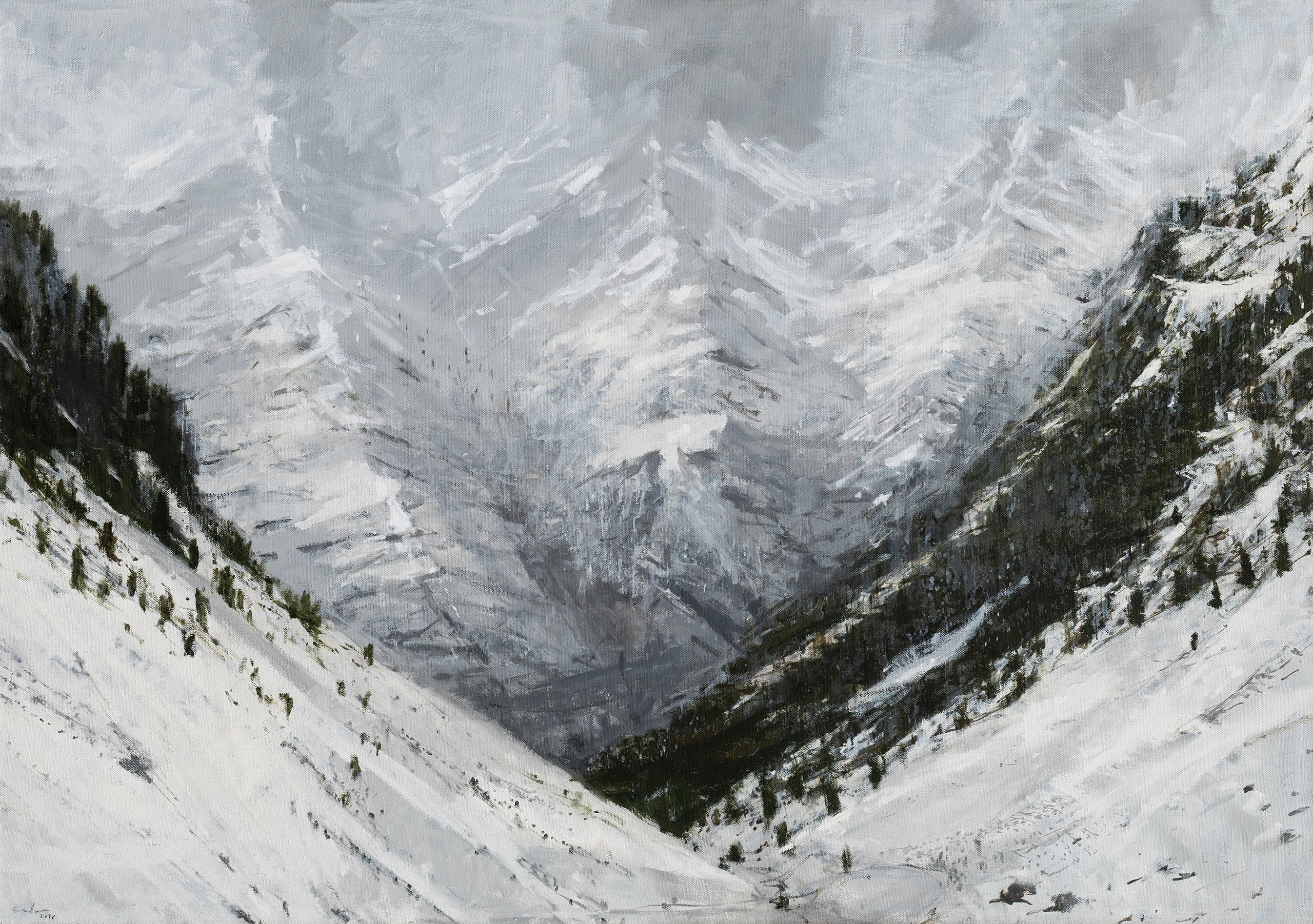 Vignel N3 von Calo Carratalá - Großes Landschaftsgemälde, verschneiter Berg, Winter im Angebot 1