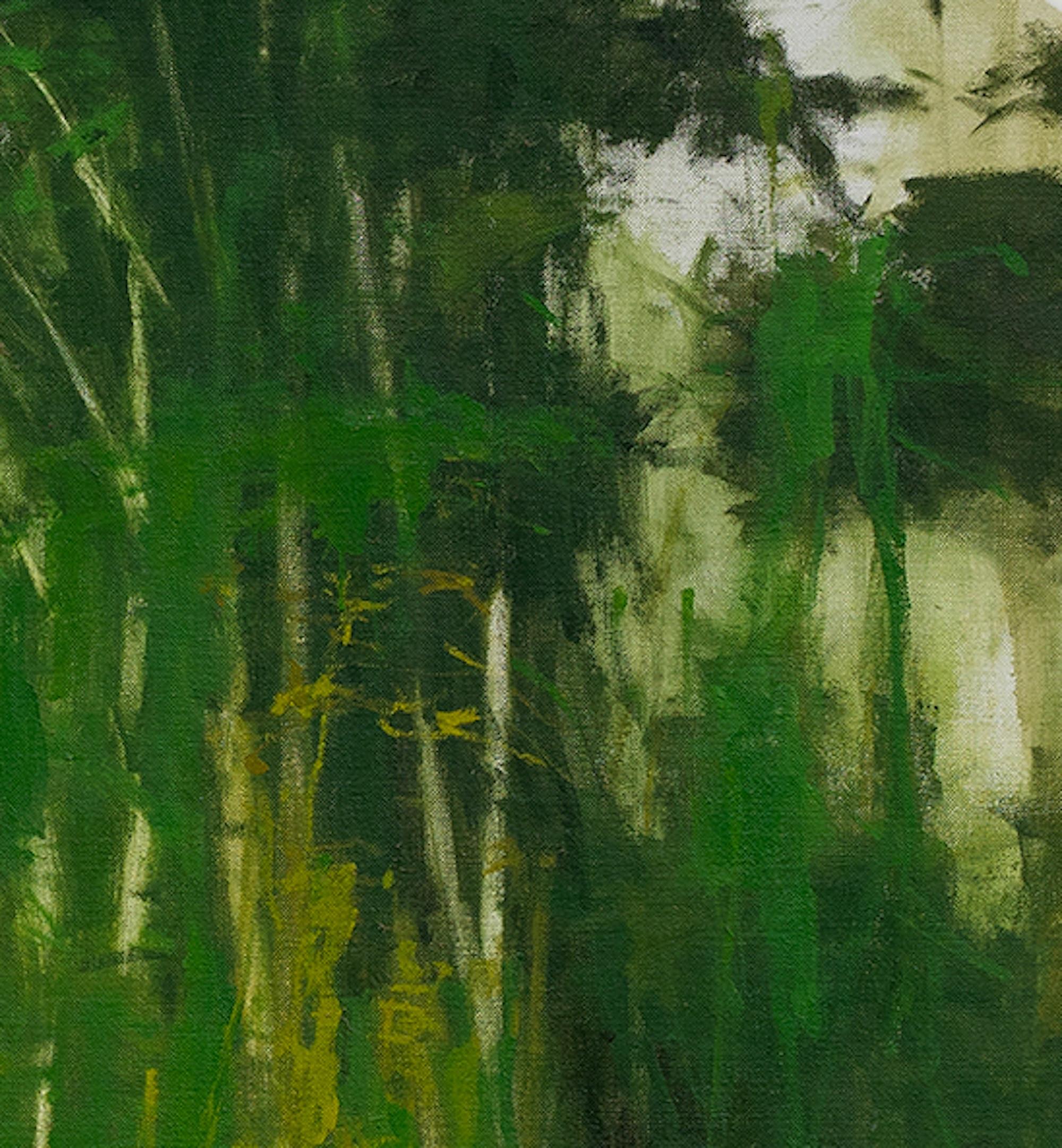 Pêcheur blanc par Calo Carratalá - Peinture ronde, paysage, nature en vente 2