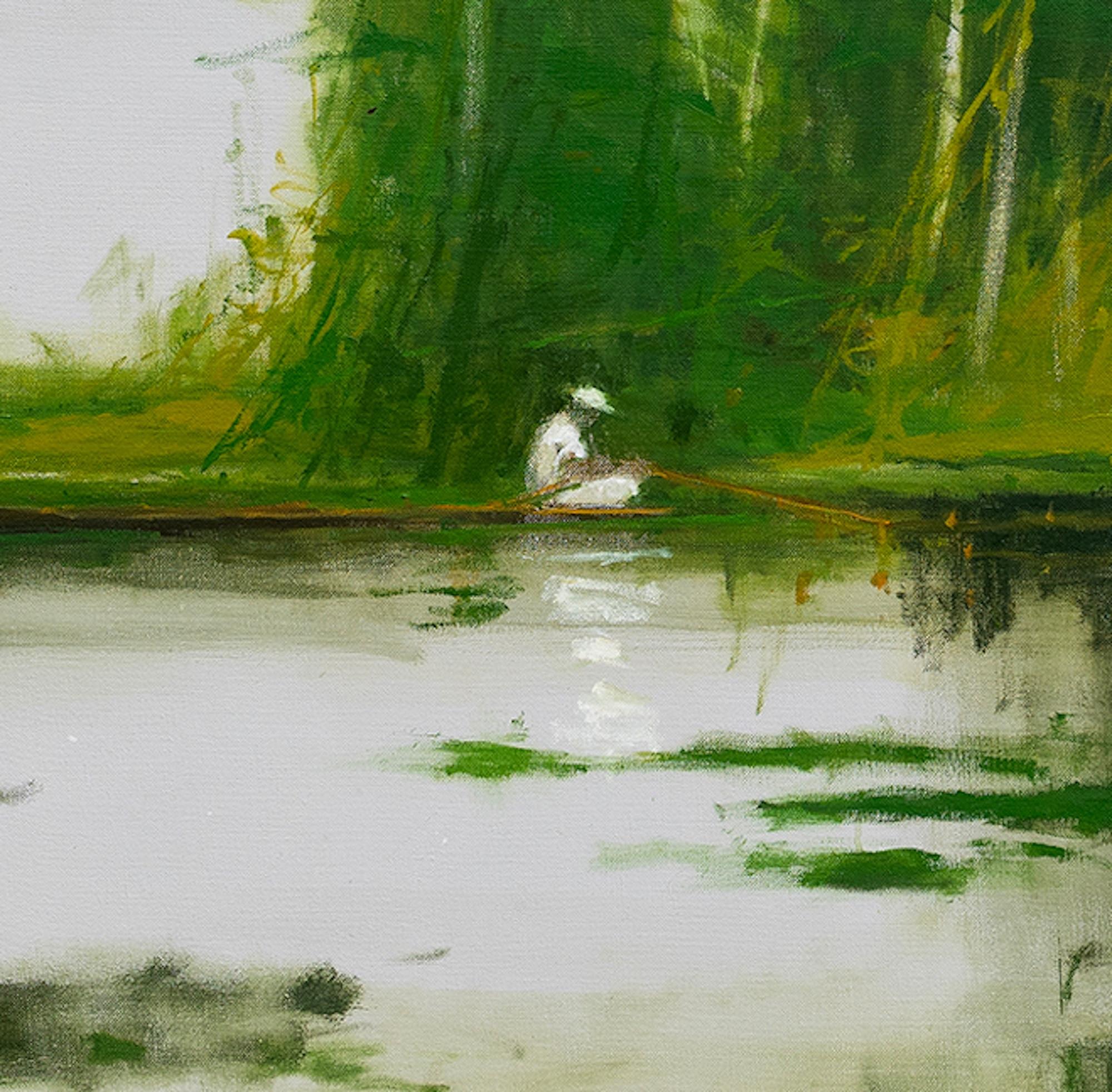 Pêcheur blanc par Calo Carratalá - Peinture ronde, paysage, nature en vente 3