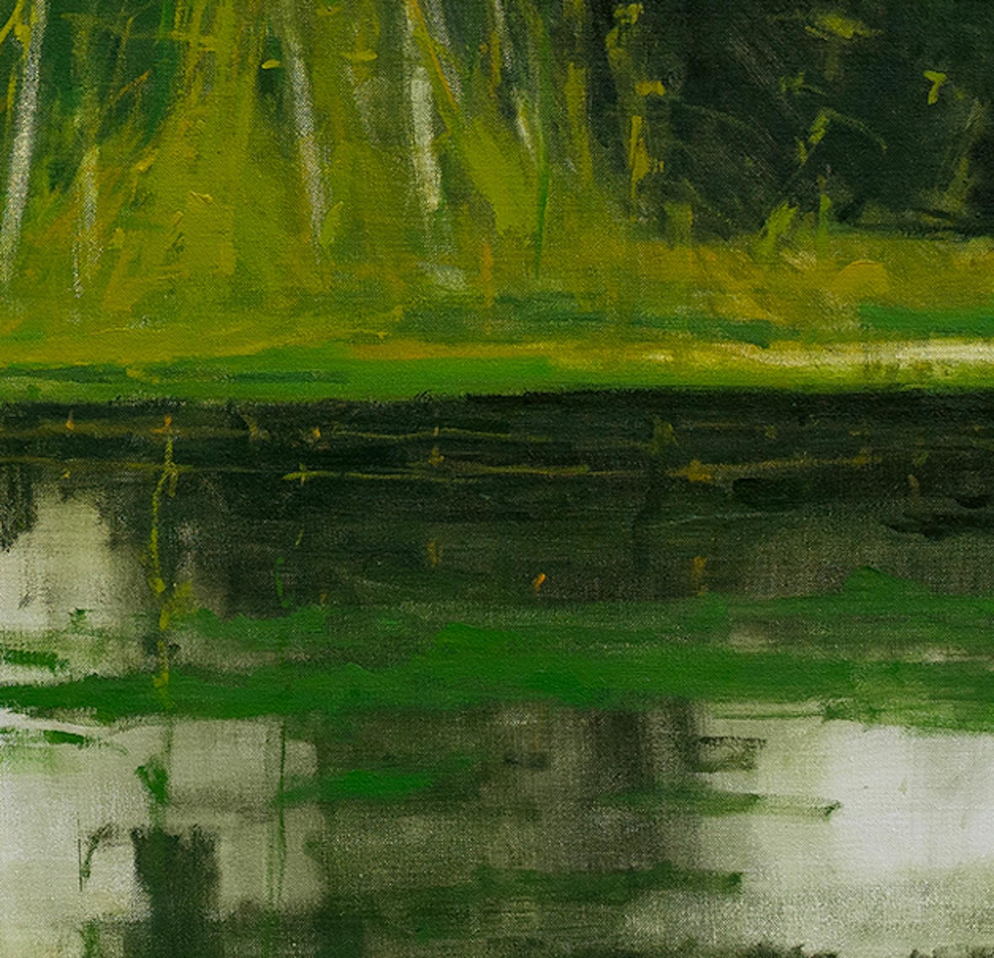 Pêcheur blanc par Calo Carratalá - Peinture ronde, paysage, nature en vente 6